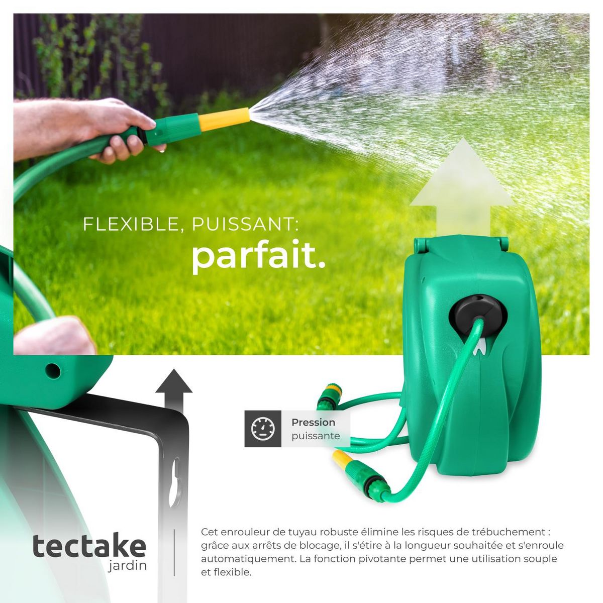 tectake Dévidoir à enroulement automatique pour tuyau d'arrosage avec raccord rapide 1/2 pouce vert