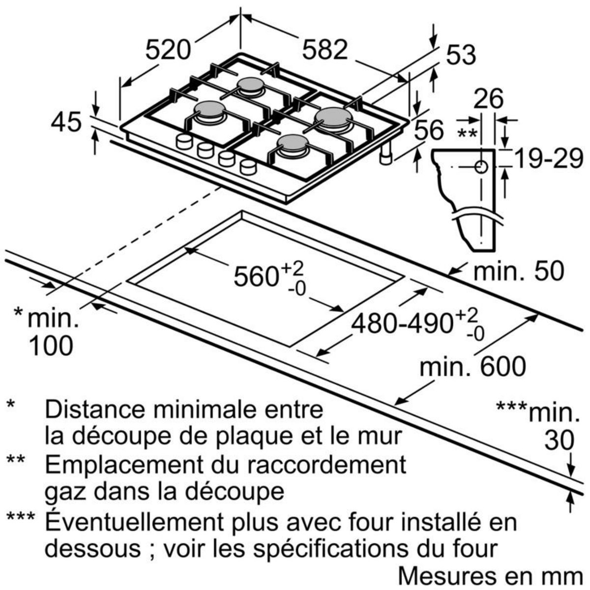 BOSCH Table de cuisson gaz 60cm 4 feux inox - pgp6b5b90