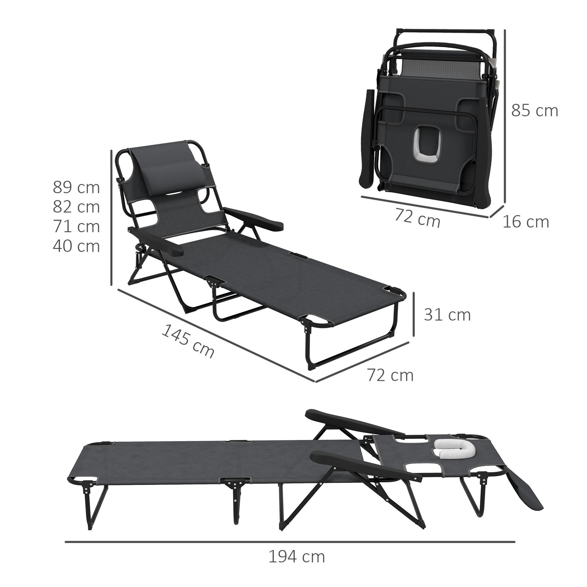 Voir la diapositive 3 : OUTSUNNY Bain de soleil transat pliable inclinable - coussins, espace tête - acier noir polyester antracite