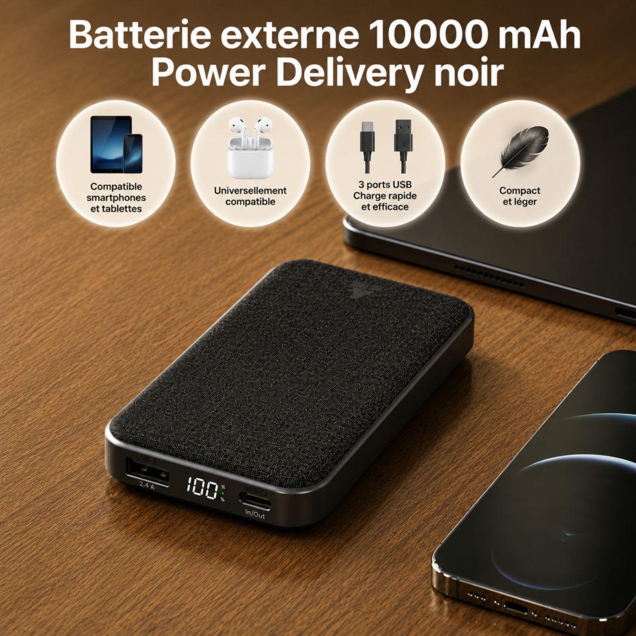 Voir la diapositive 2 : ADEQWAT Batterie externe powerbank 10000 mah power delivery noir compatible iphone 16 15 14 et samsung galaxy