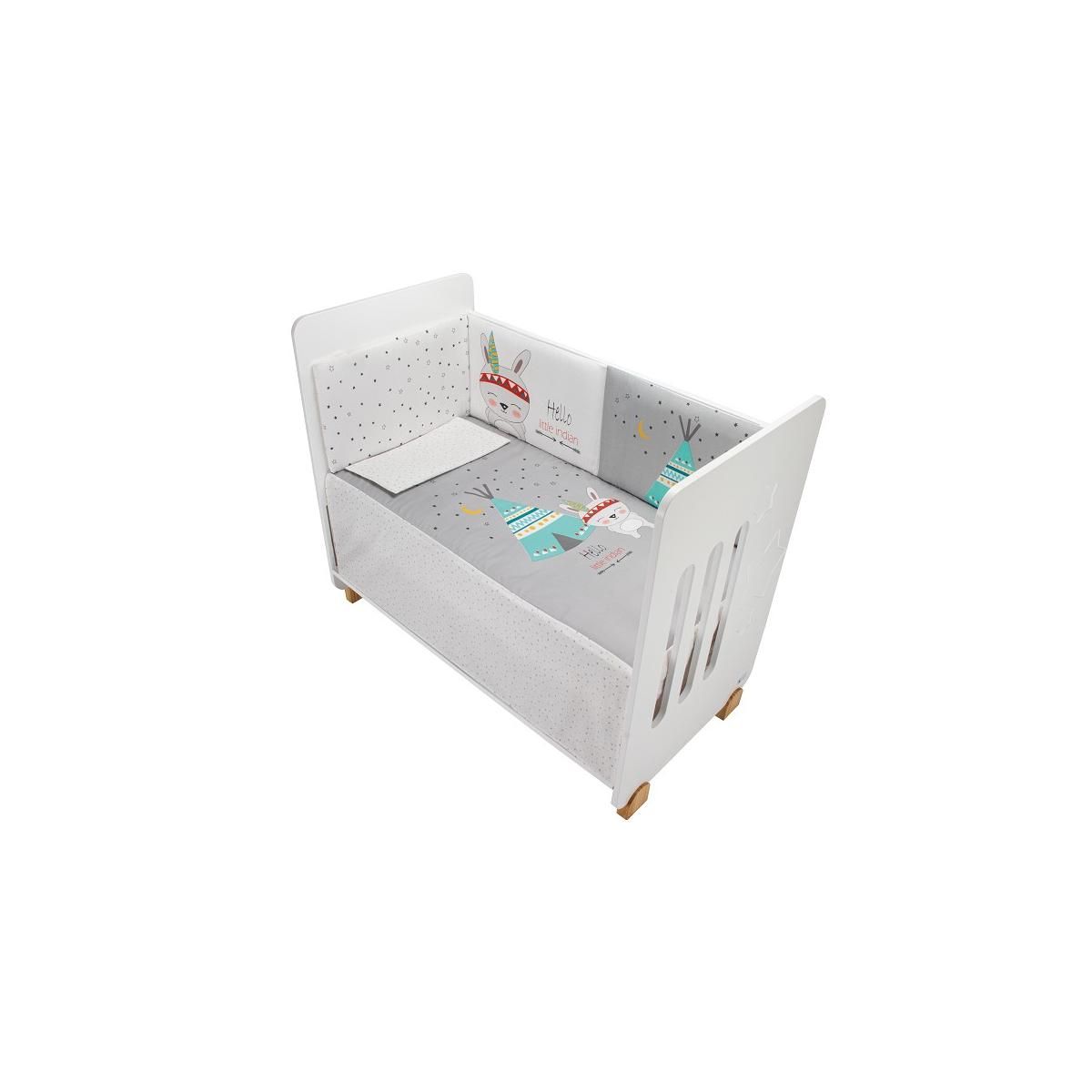 INTERBABY Lit Bébé Star Nature  and  Parure de lit 3 Pcs. Tipi/Oso Gris