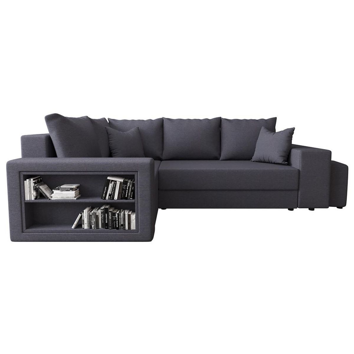 BEST MOBILIER Libbie - canapé d'angle gauche 4 places convertible avec coffre, étagère et poufs en tissu