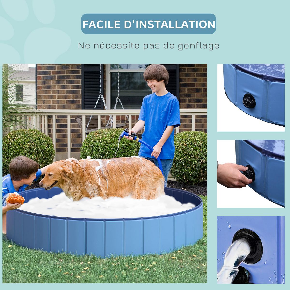 PAWHUT Piscine pour chiens bassin pliable bouchon vidange fond antidérapant diamètre 1,20 m bleu