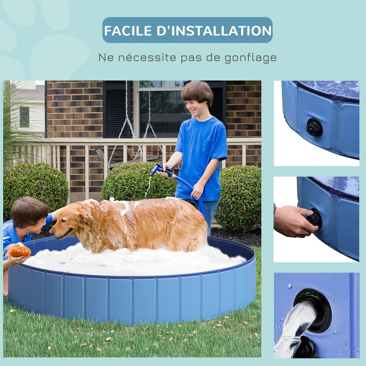 PAWHUT Piscine pour chiens bassin pliable bouchon vidange fond antidérapant diamètre 1,20 m bleu