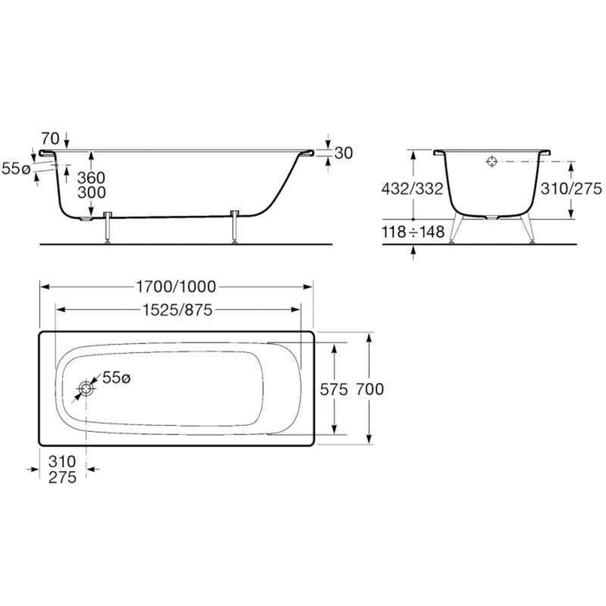 Voir la diapositive 2 : Roca Baignoire rectangulaire en acier émaillé blanc brillant 170 x 70 cm, plage robinetterie, 195 l, confort ergonomique, vidage 55 mm