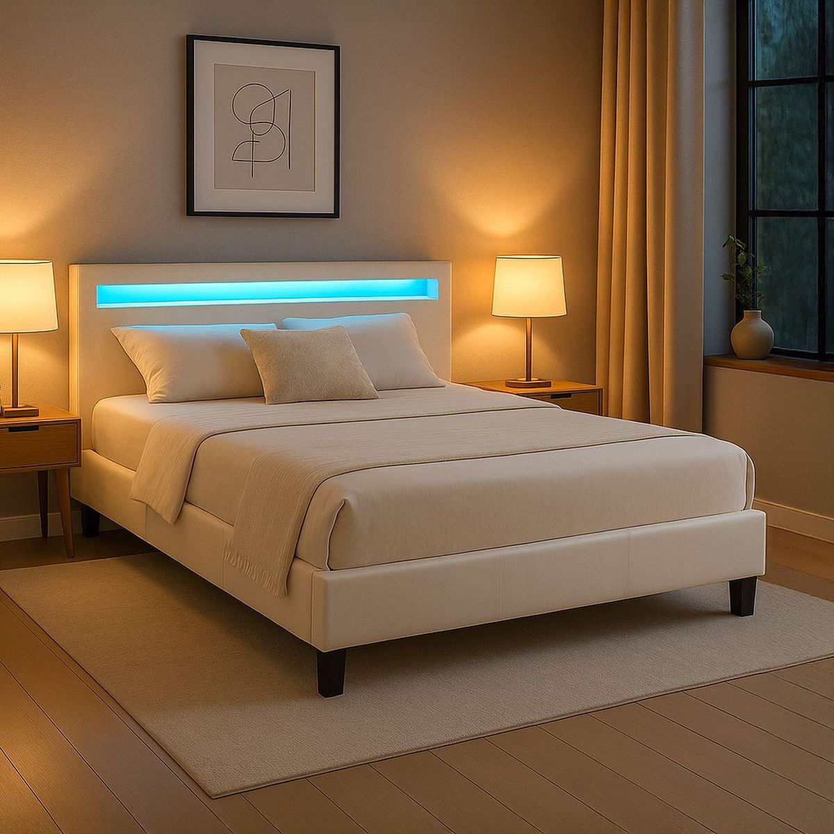 IDIMEX Lit LED double PINOT 140x190 cm, avec sommier, revêtement synthétique