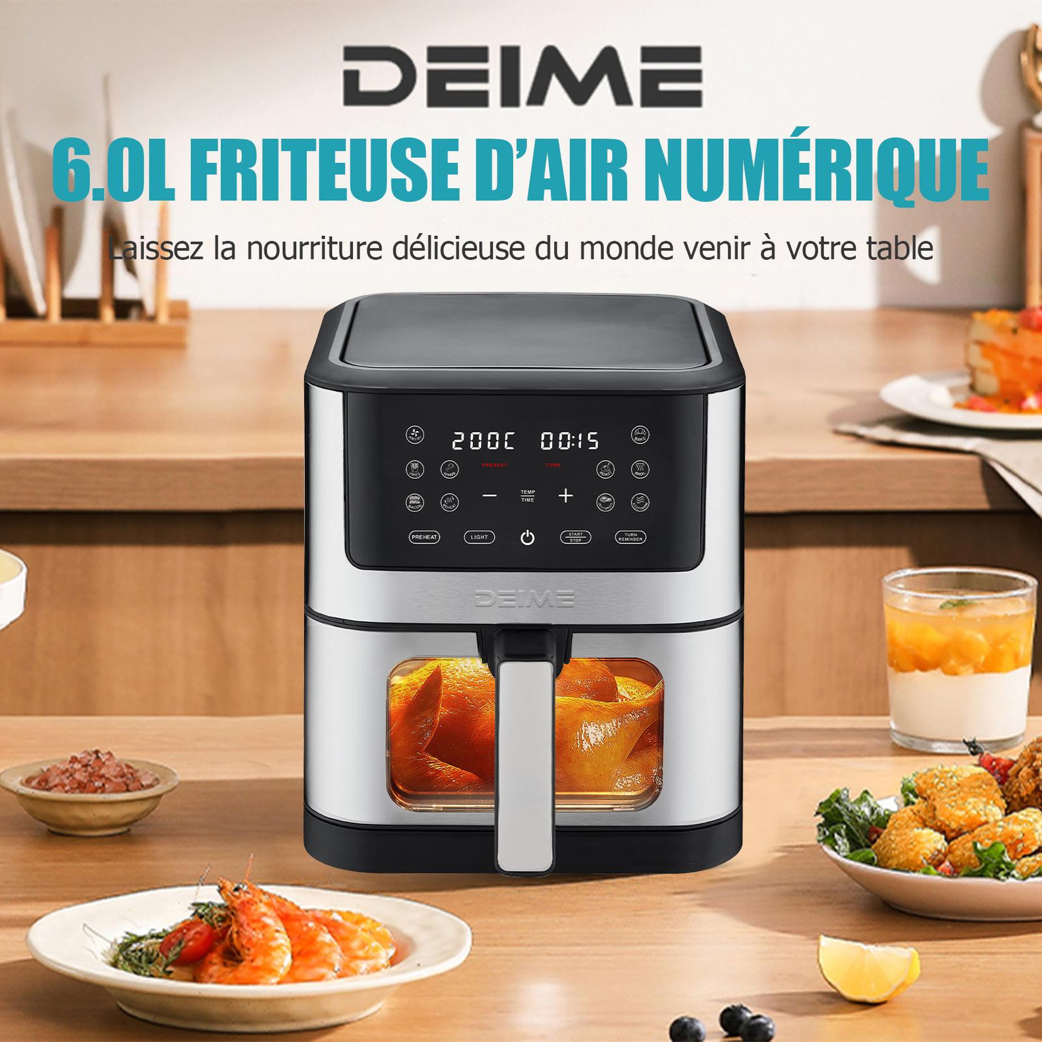 Voir la diapositive 3 : DEIME DEIME - Airfryer 6 l 1500 w 10 programmes avec fenêtre de cuisson – inox