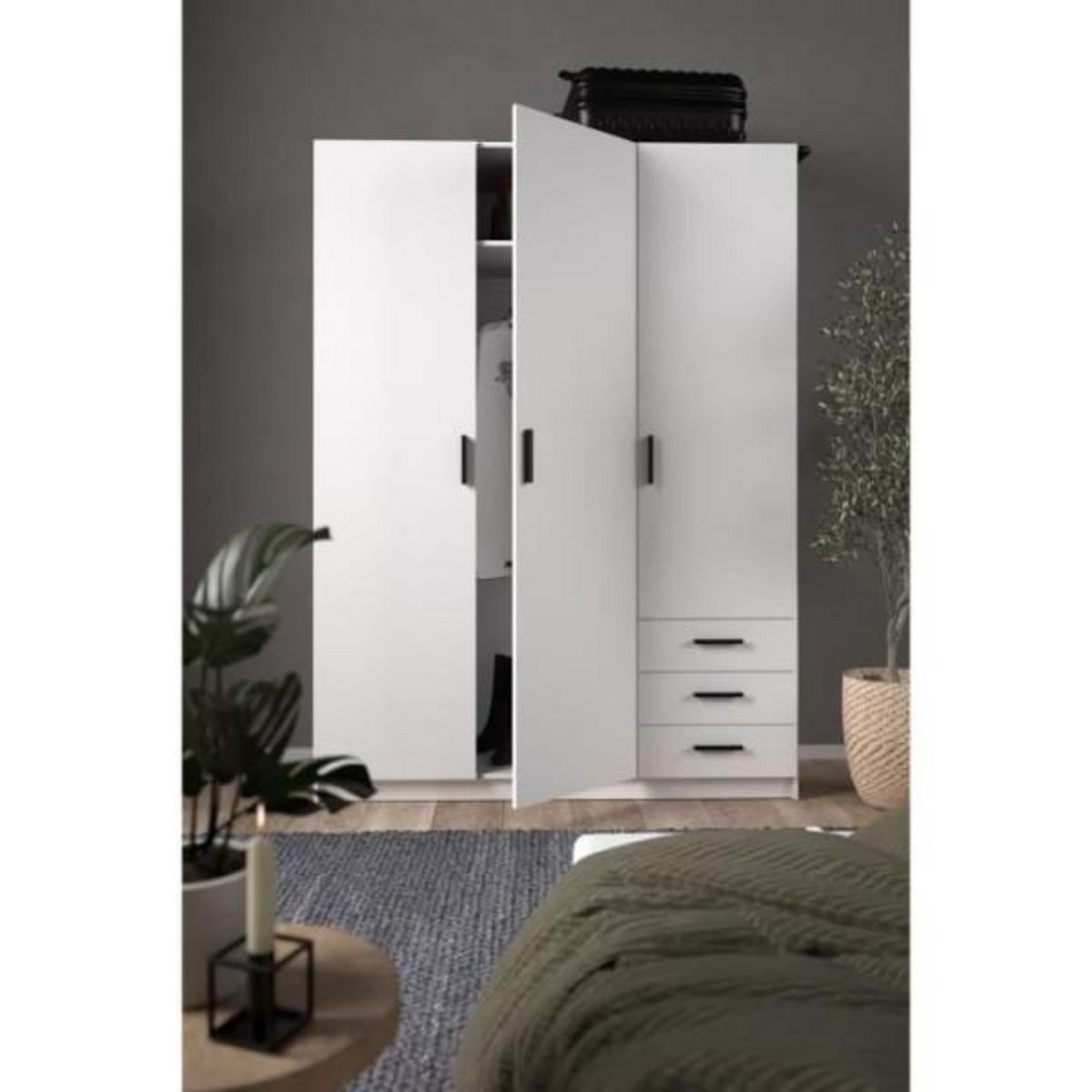 TVILUM Armoire VEGA - Décor Blanc mat - 3 portes + 3 tiroirs - L 147 x P 49,6 x H 200,4 cm