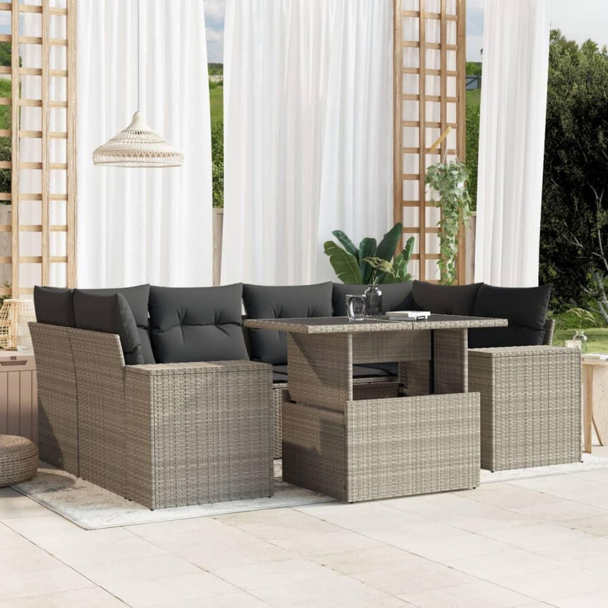 VIDAXL Salon de jardin avec coussins 7 pcs gris clair resine tressee