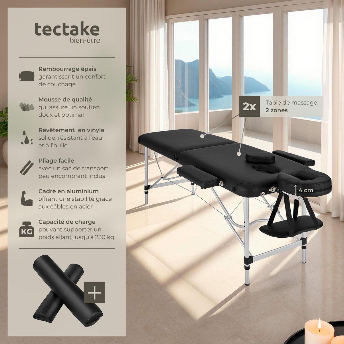 tectake Table de massage portable pliante 2 zones largeur 61 cm et rembourrage de 4 cm noir