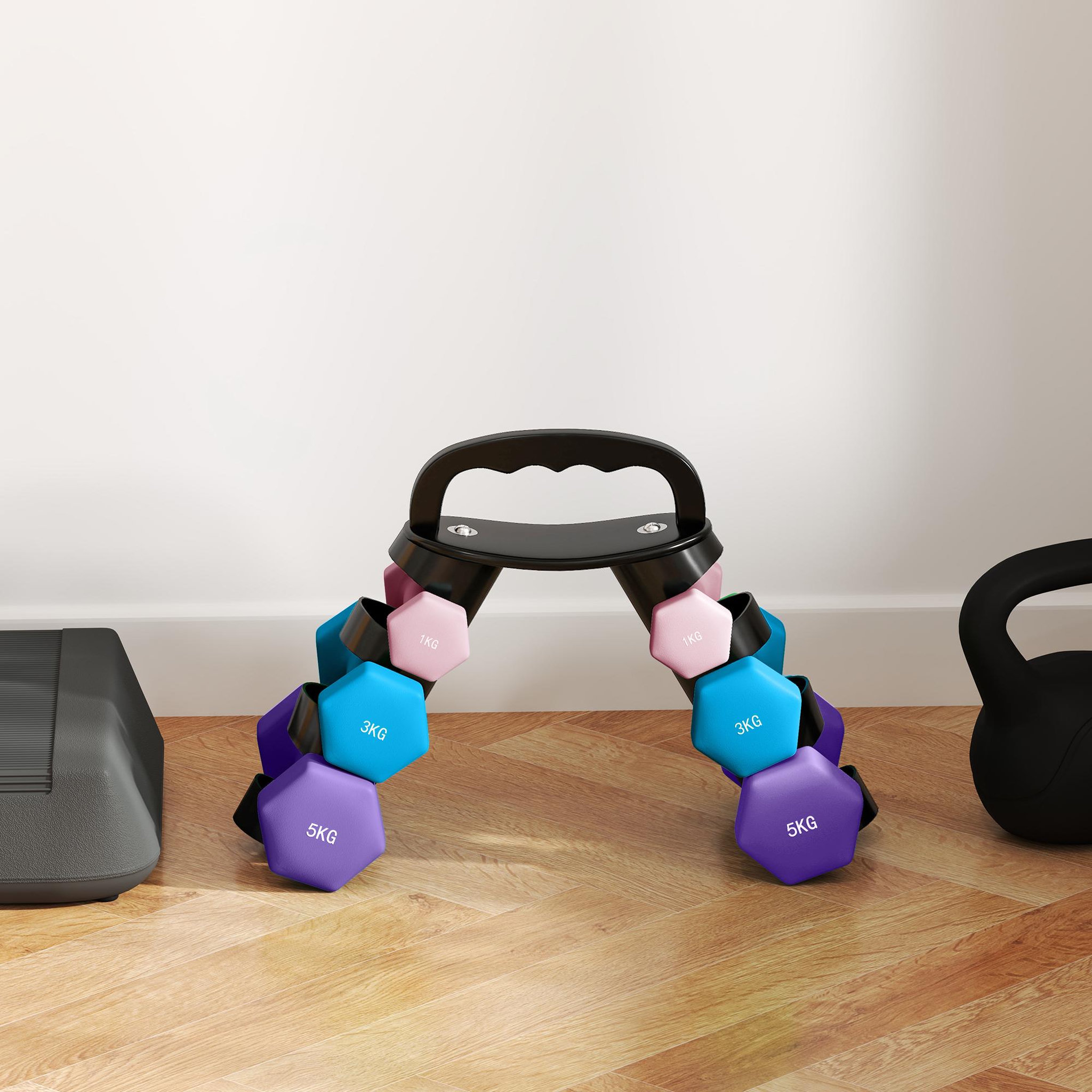 Voir la diapositive 2 : HOMCOM Support noir pour 6 haltères vinyles - 6 haltères incluses total 48 kg - noir rose bleu violet