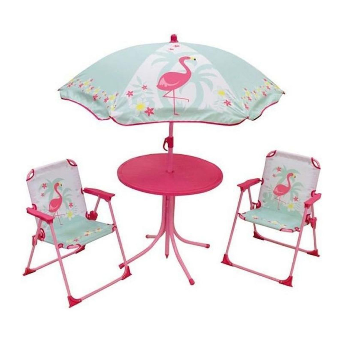 Fun House FUN HOUSE 713088 FLAMANT ROSE Salon de jardin avec une table, 2 chaises pliables et un parasol pour enfant