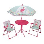 Fun House FUN HOUSE 713088 FLAMANT ROSE Salon de jardin avec une table, 2 chaises pliables et un parasol pour enfant