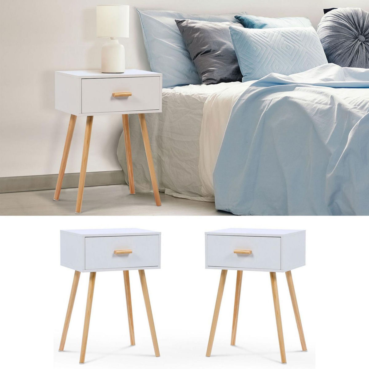 ID MARKET Lot de 2 tables de chevet EIYA scandinaves 1 tiroir bois blanc