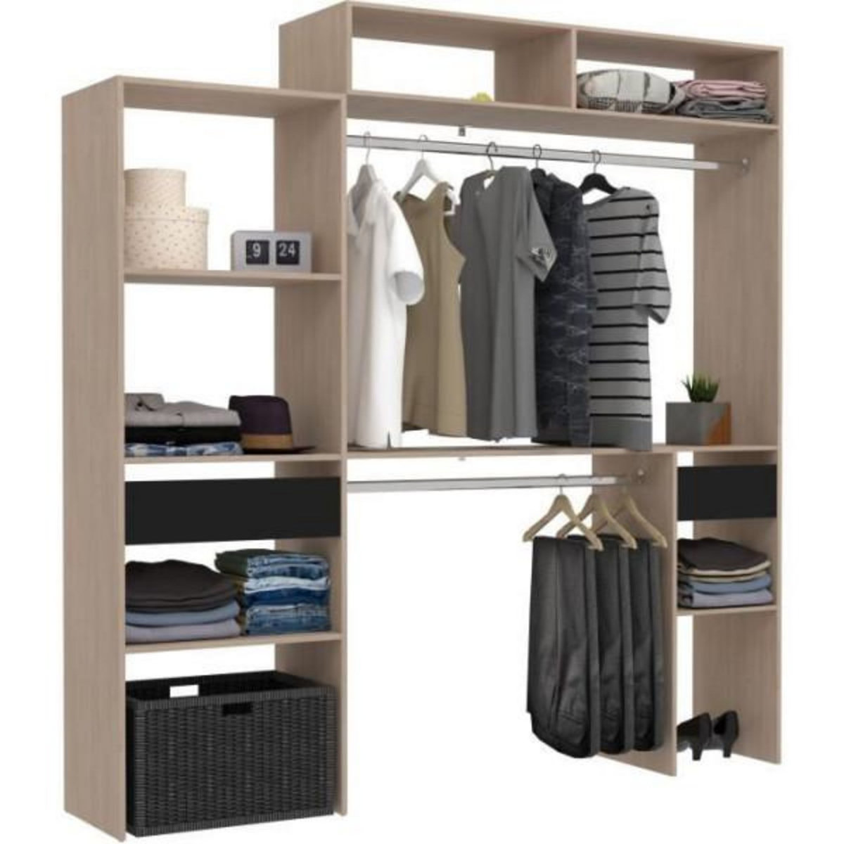 MARKET24 Kit dressing extensible ARTIC EKIPA - Chene et noir - 2 penderies + 2 tiroirs + Surmeuble - L198 x P40 x H202 cm