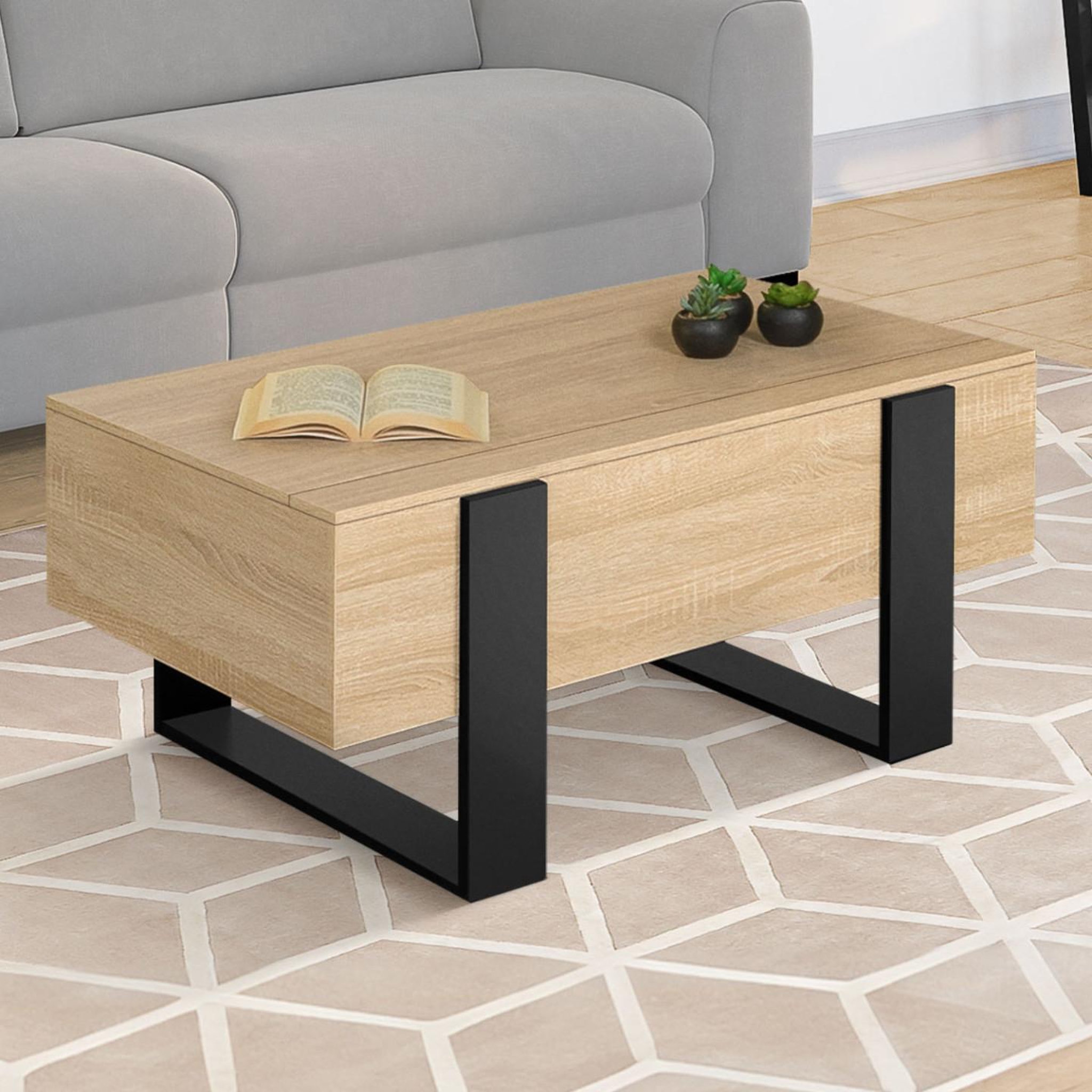 Voir la diapositive 4 : ID MARKET Table basse plateau relevable rectangulaire phoenix bois et noir