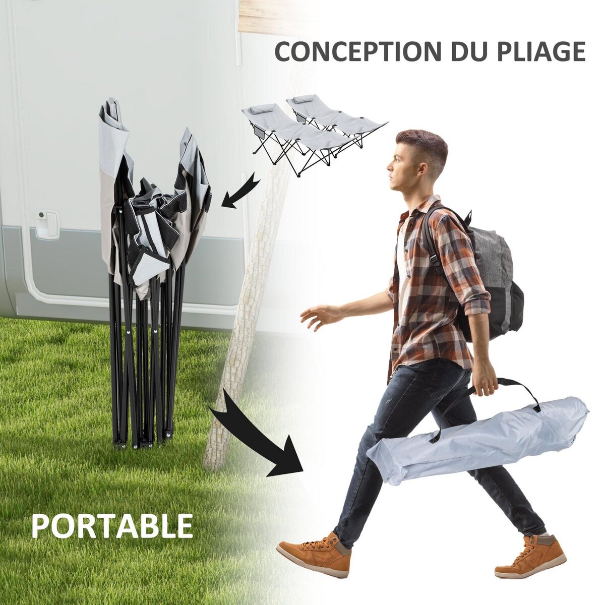 OUTSUNNY Lot de 2 bains de soleil transats pliables - poches latérales rangement, tétière - acier oxford gris