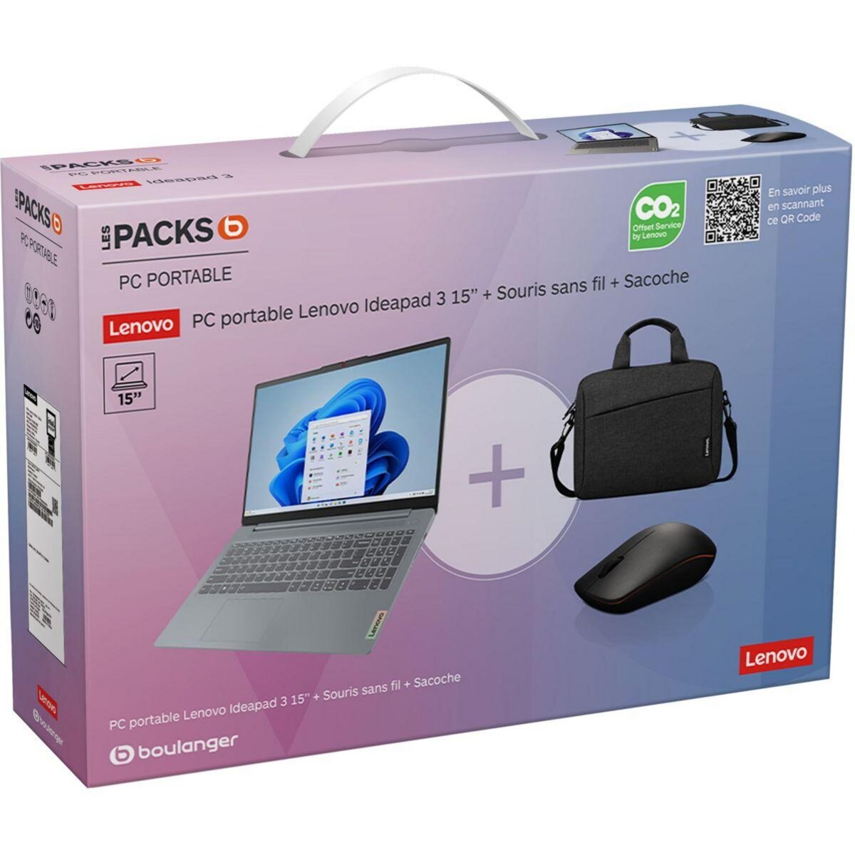 Lenovo Ordinateur portable Pack IdeaPad Slim 3 sacoche + souris