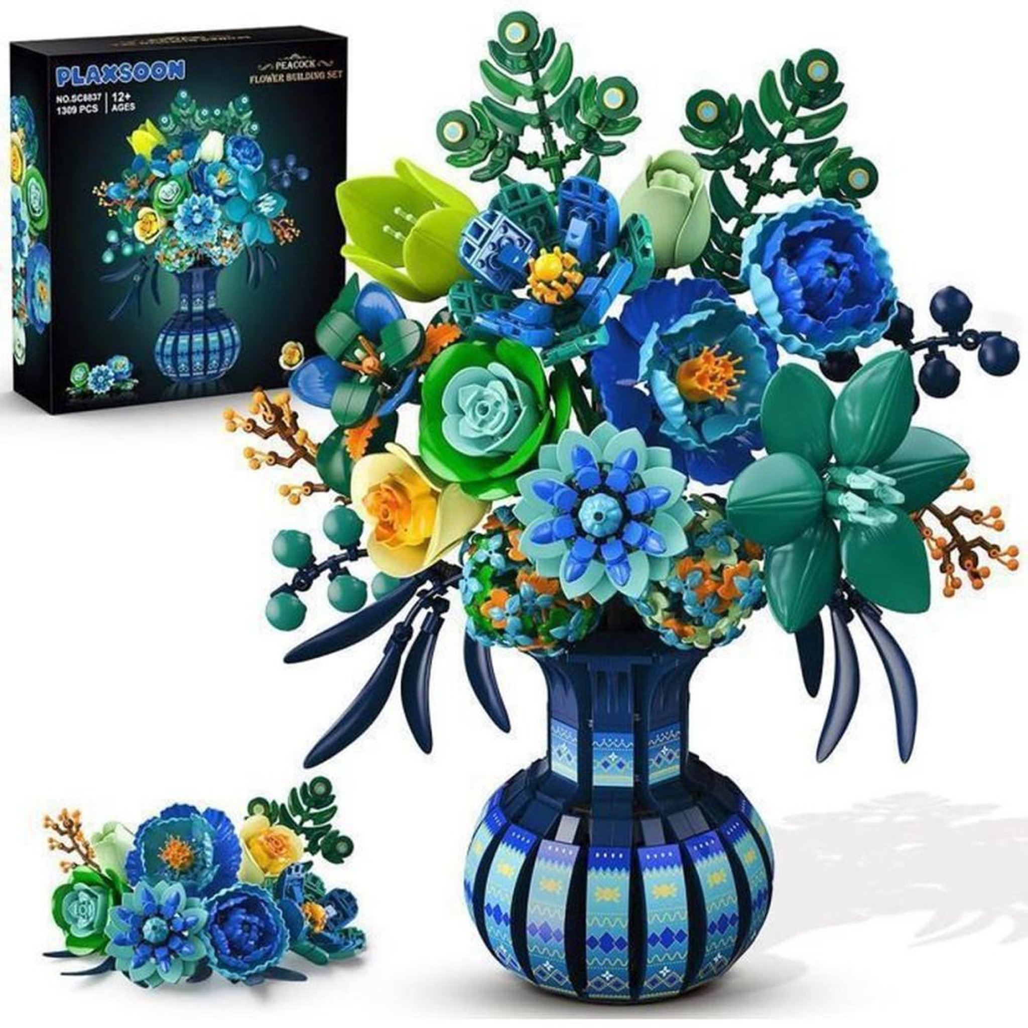 Kit de construction floral botanique avec vase assorti, 1 309 pièces, pétales et feuillages ajustables, assemblage DIY en plastique ABS multicolore, bouquet décoratif