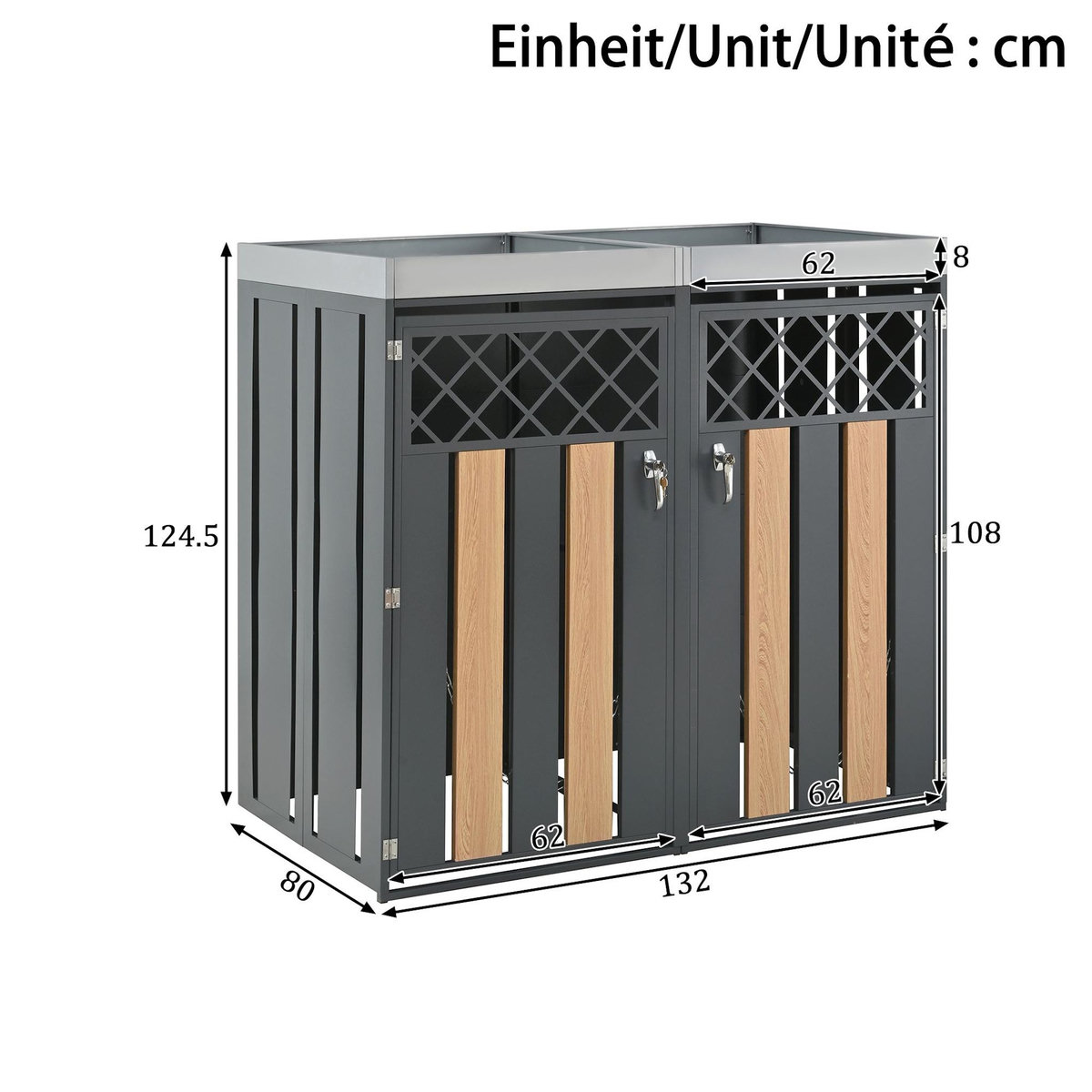 MERAX Cache Poubelle Extérieur 2 Bacs avec Bac à Plantes, Rangement, Gris