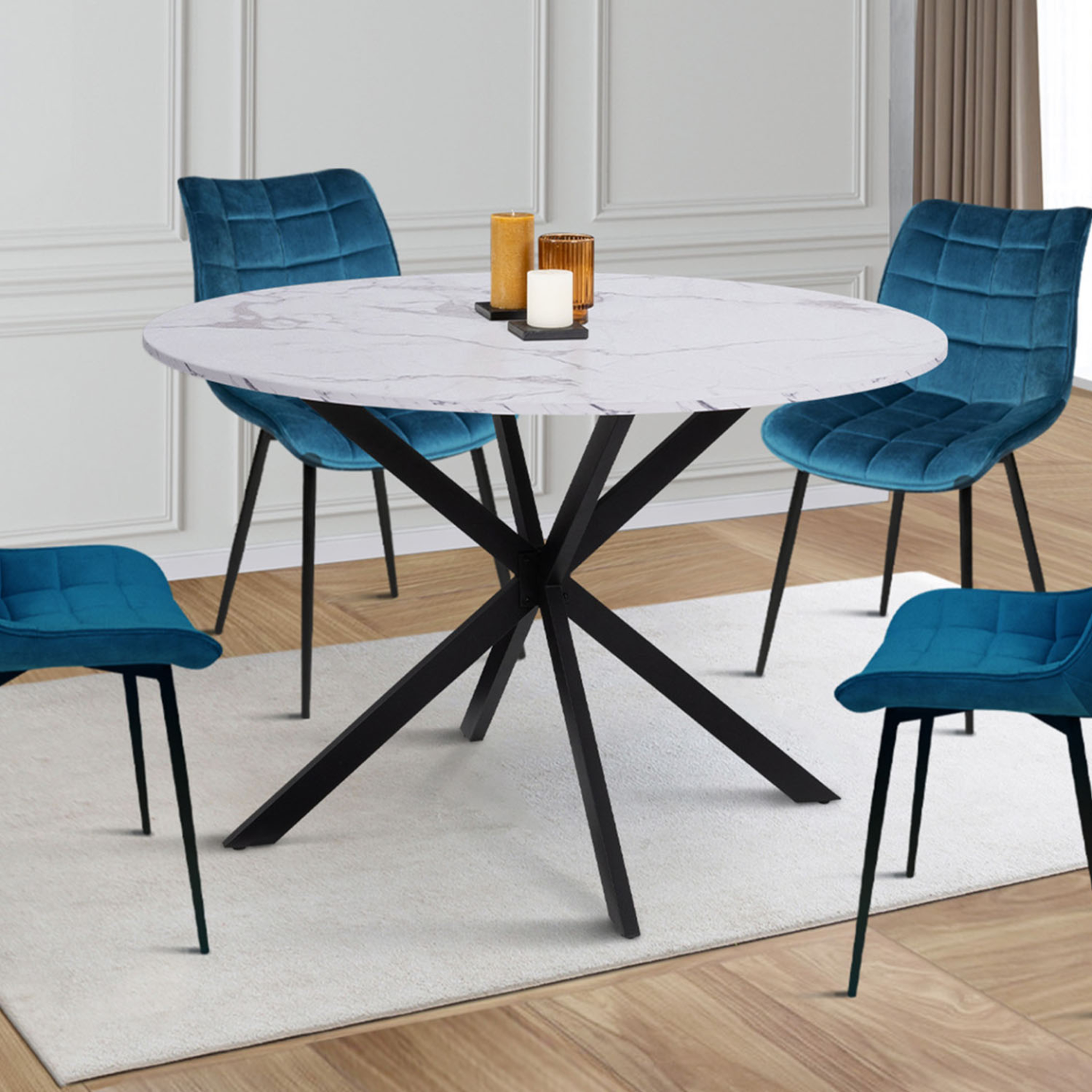Voir la diapositive 2 : ID MARKET Table à manger ronde alix 6 personnes pied araignée noir et plateau effet marbre blanc alaska 110 cm