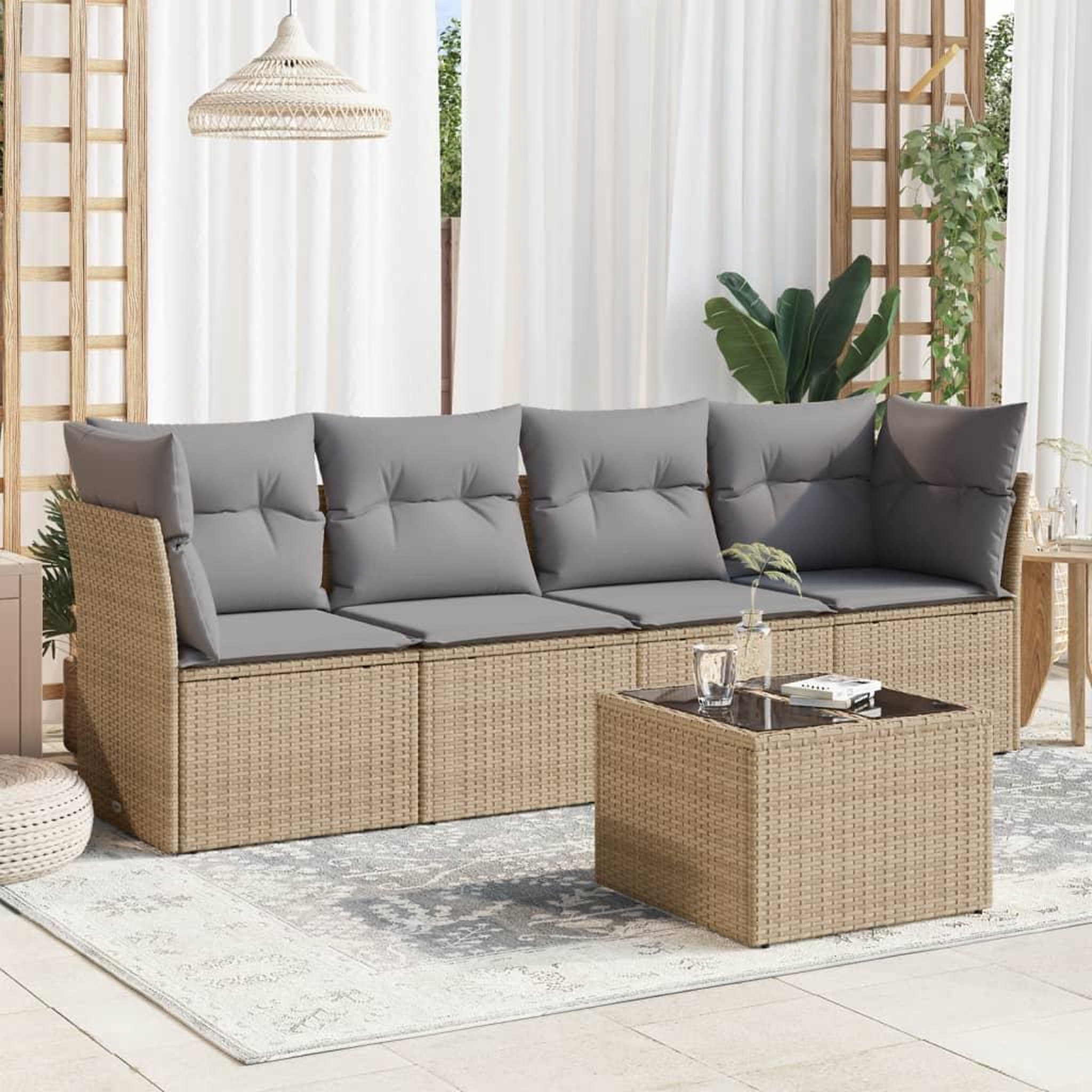 VIDAXL Salon de jardin avec coussins 5 pcs beige resine tressee