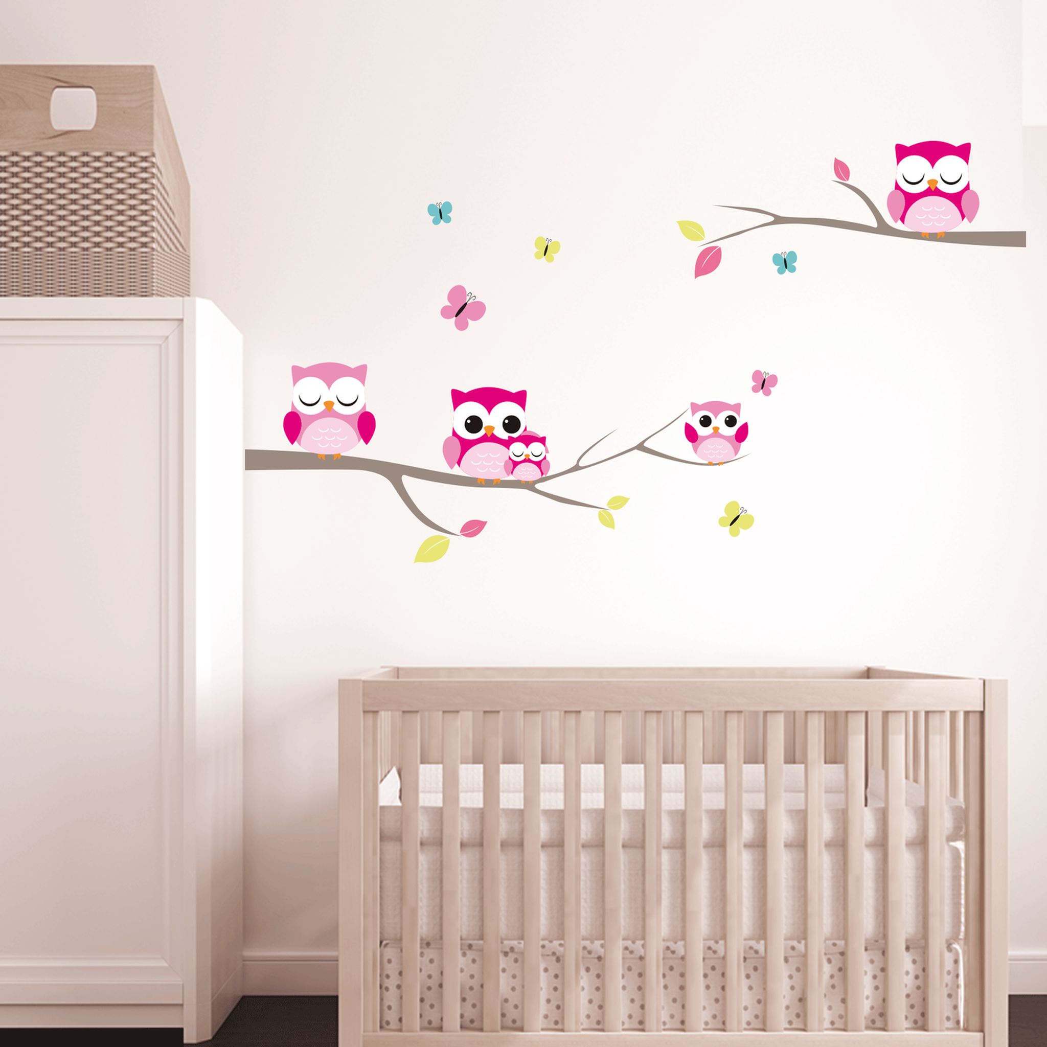 Voir la diapositive 2 : TOILINUX Lot 2x sticker enfant chouettes - 70 x 20 cm - blanc et rose