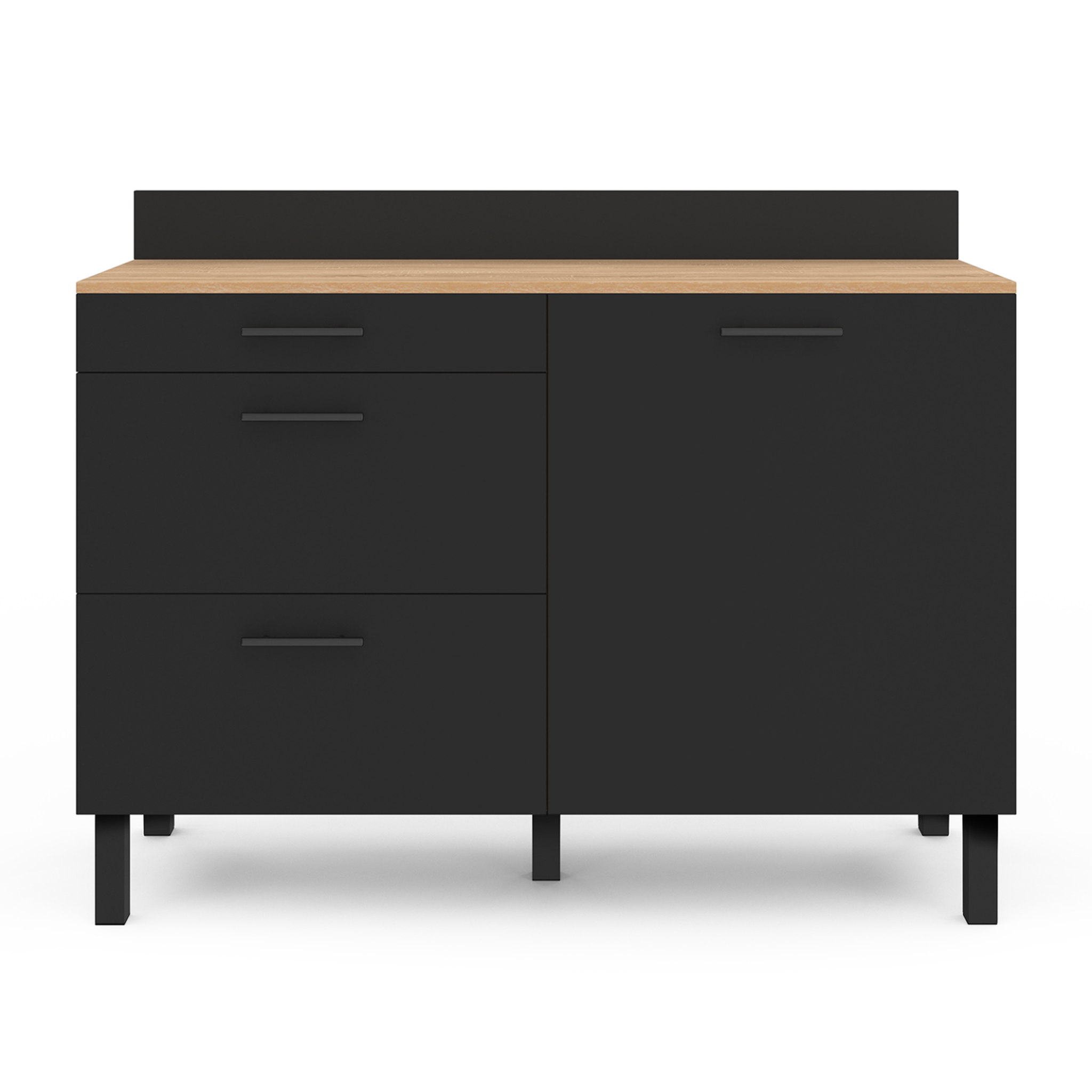 Voir la diapositive 4 : ID MARKET Buffet bas casserolier de cuisine 120 cm cina plan de travail h.83 cm 1 porte + 3 tiroirs façon hêtre et noir