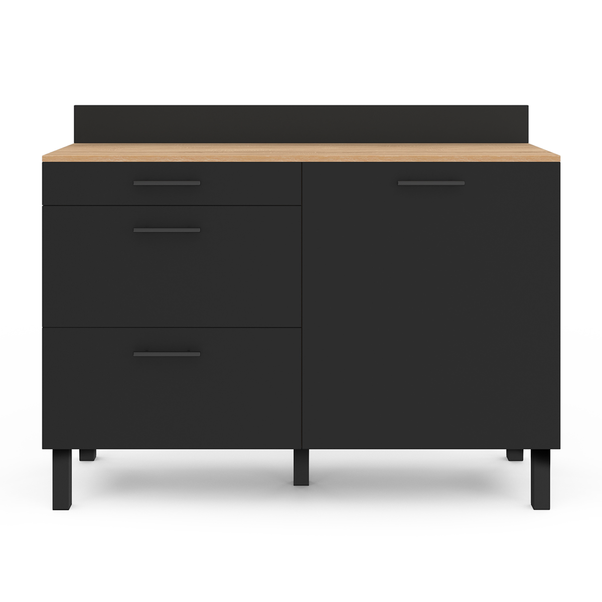 ID MARKET Buffet bas casserolier de cuisine 120 cm CINA plan de travail H.83 cm 1 porte + 3 tiroirs façon hêtre et noir