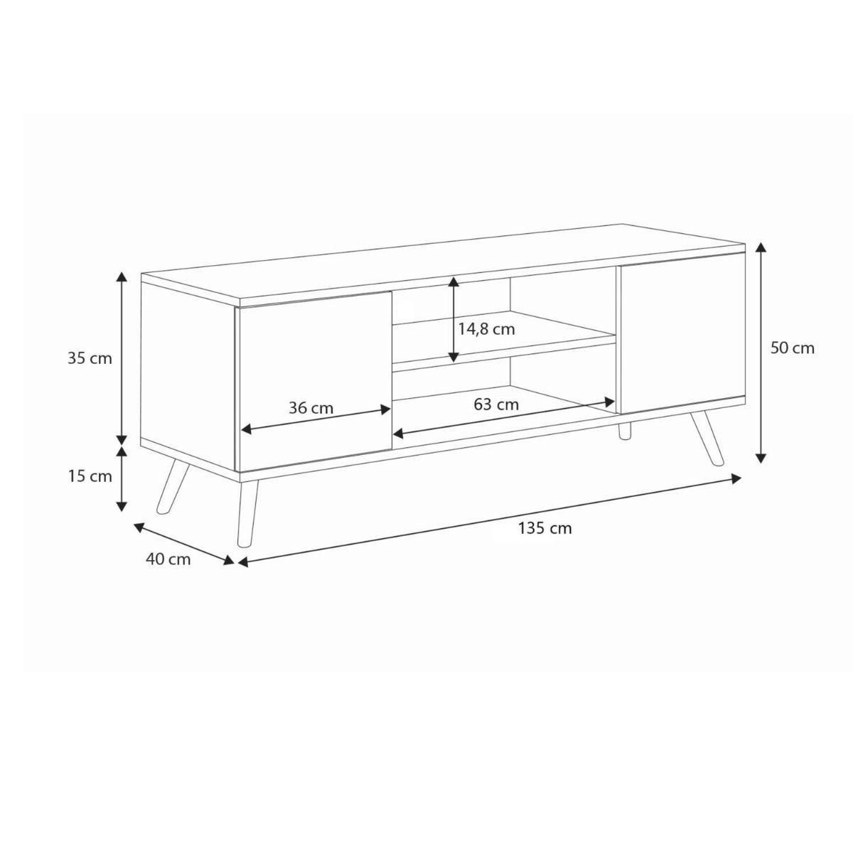 KOBI Meuble TV Scandinave FOCUS 135 cm en Bois Blanc - Élégance et Fonctionnalité pour Votre Salon