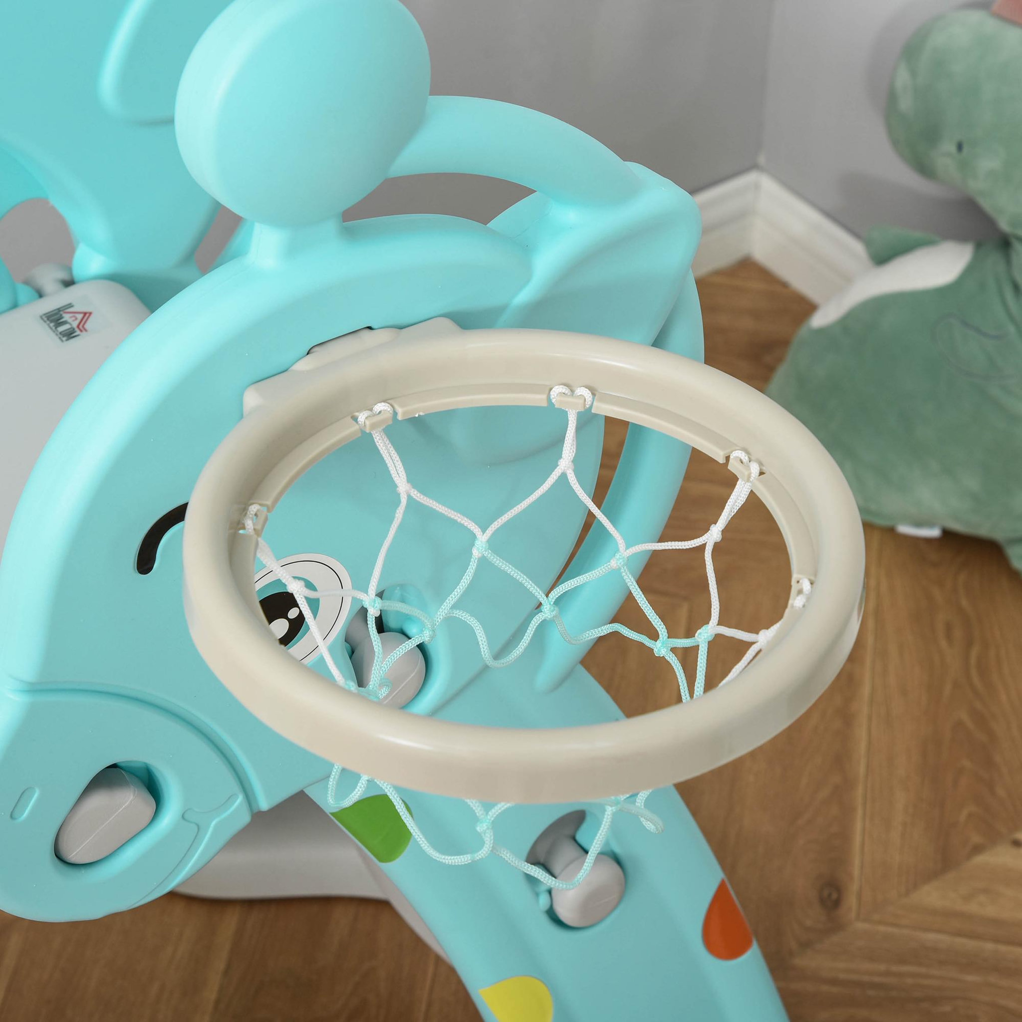 Voir la diapositive 4 : HOMCOM Toboggan enfant avec panier de basket-ball usage intérieur et extérieur dim. 140 x 87 x 75 cm bleu et gris