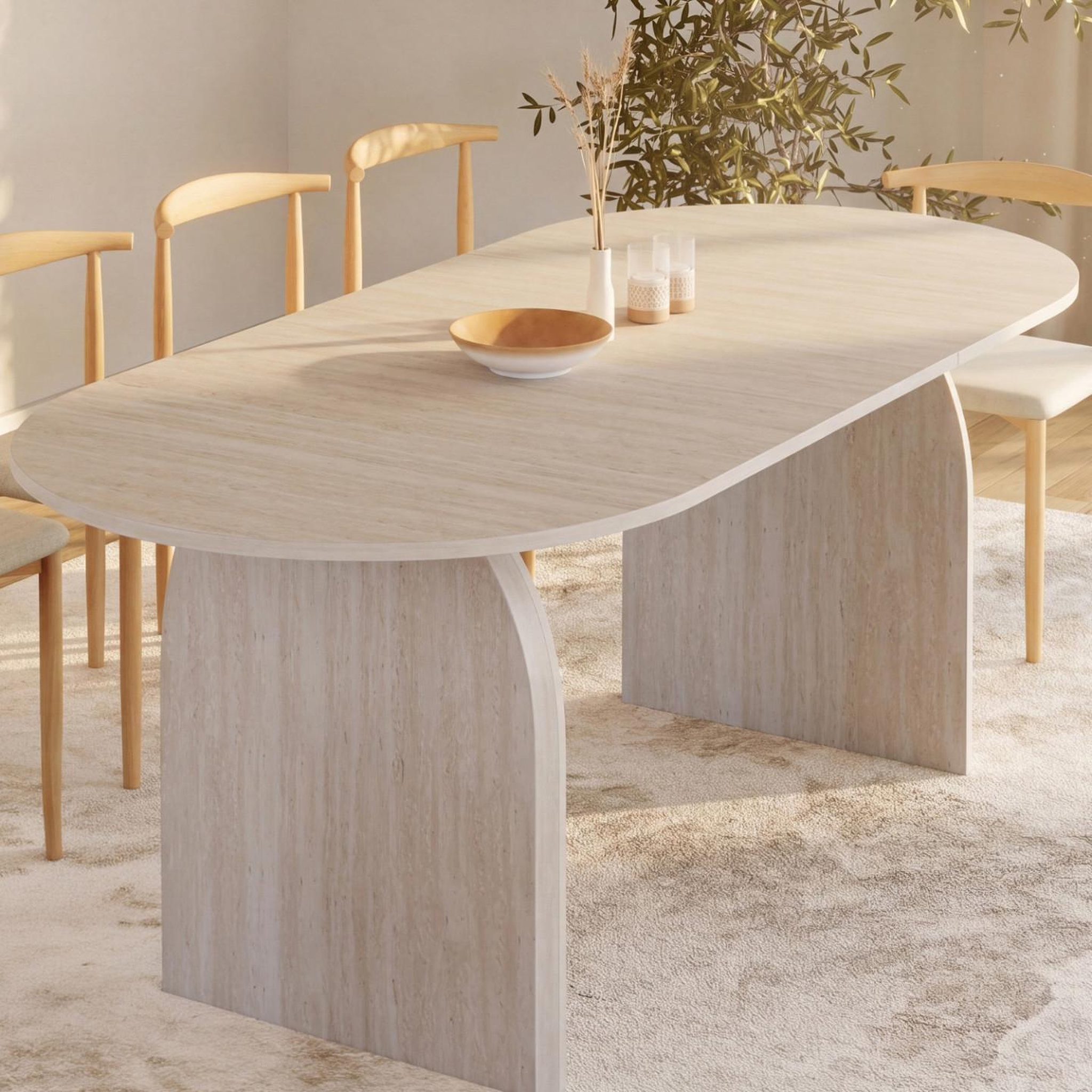 Voir la diapositive 2 : ID MARKET Table à manger extensible japandi ovale edith 6-10 personnes façon travertin 160-200 cm