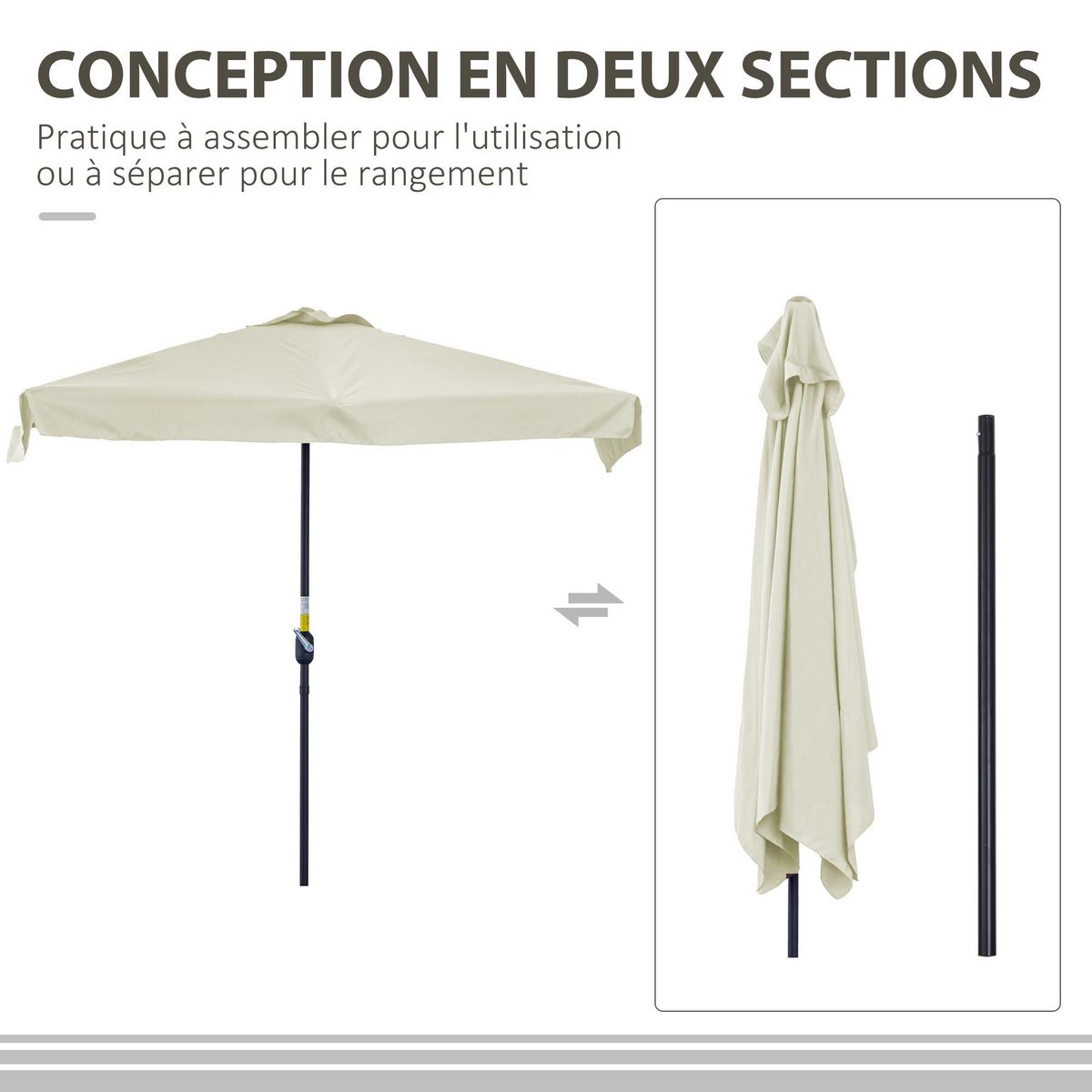 OUTSUNNY Demi parasol - parasol de balcon 5 entretoises métal dim. 2,3L x 1,3l x 2,49H m polyester haute densité crème