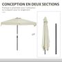 Voir la diapositive 6 : OUTSUNNY Demi parasol - parasol de balcon 5 entretoises métal dim. 2,3L x 1,3l x 2,49H m polyester haute densité crème