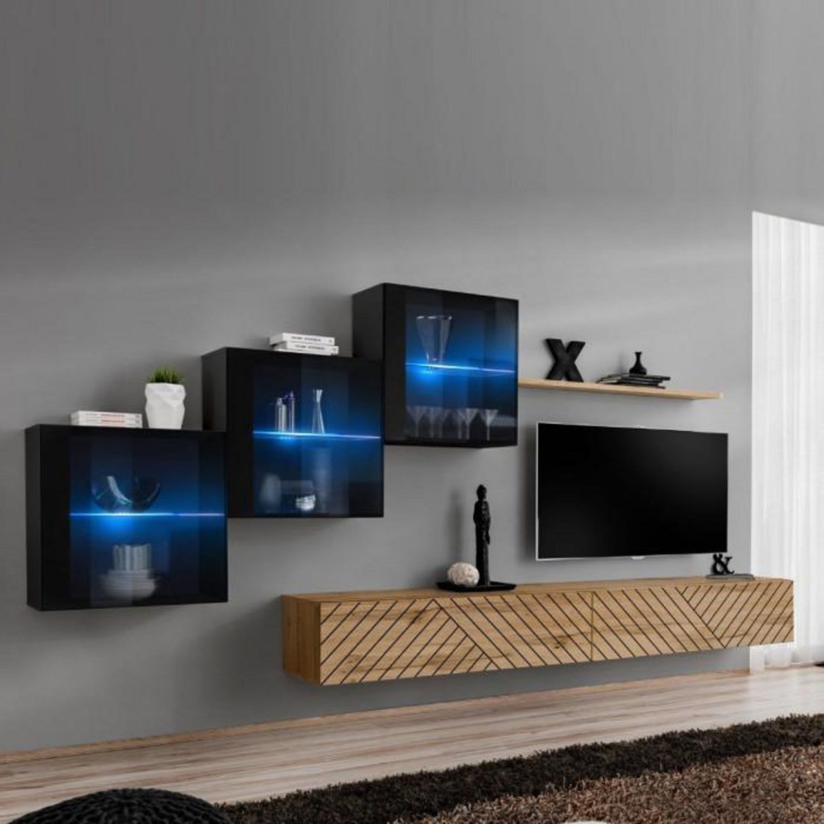 Paris Prix Ensemble Meuble TV  Switch Lamel XX  330cm Naturel & Noir