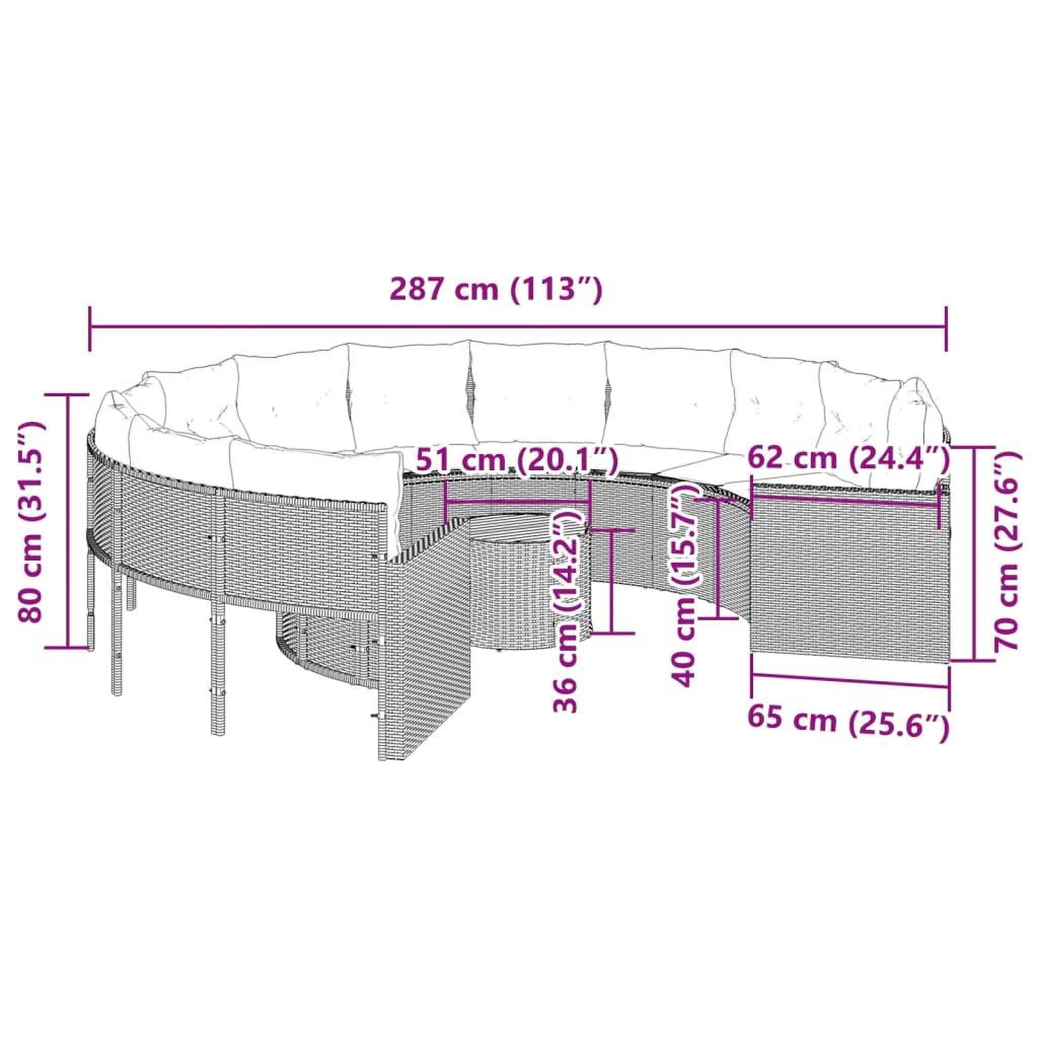 Voir la diapositive 6 : VIDAXL Canape de jardin avec table coussins rond noir resine tressee