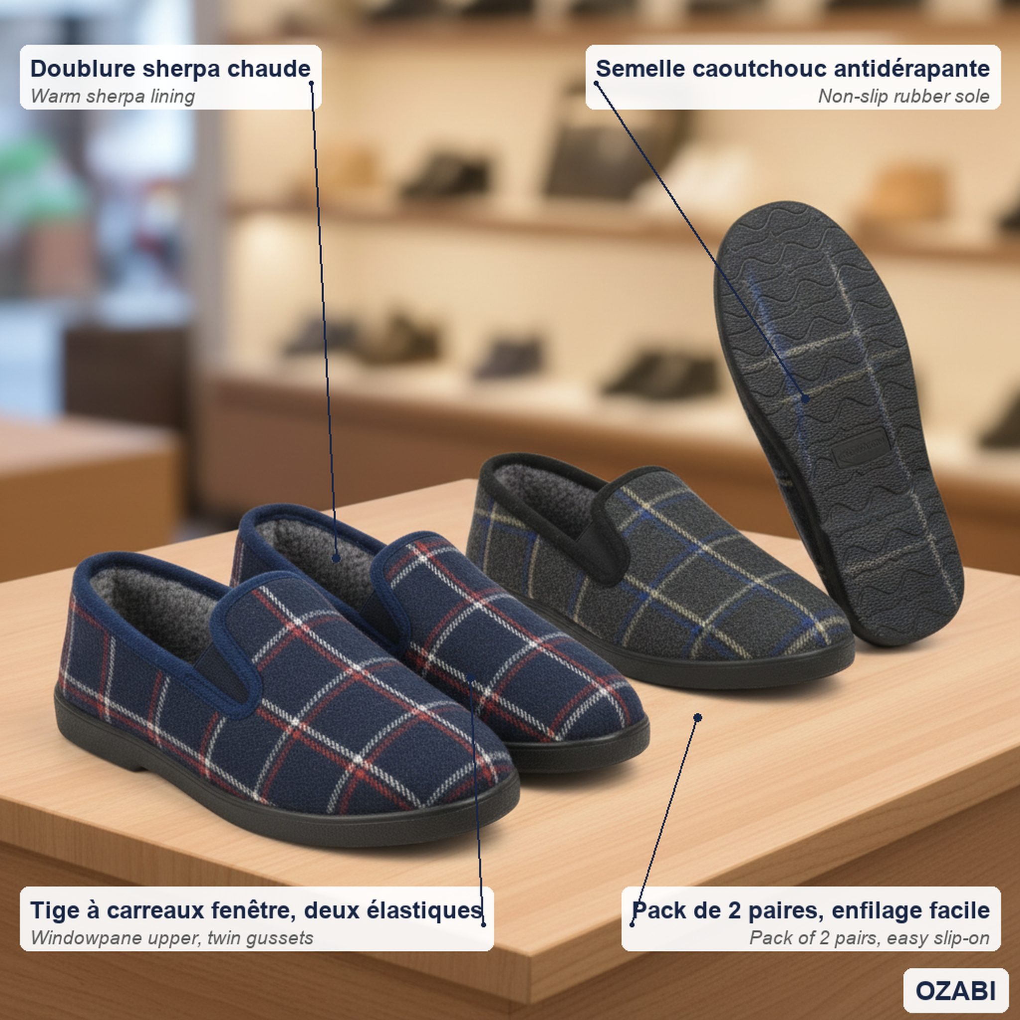 Voir la diapositive 5 : OZABI Ozabi pantoufles charentaises homme pack de 2 paires semelle antidérapante