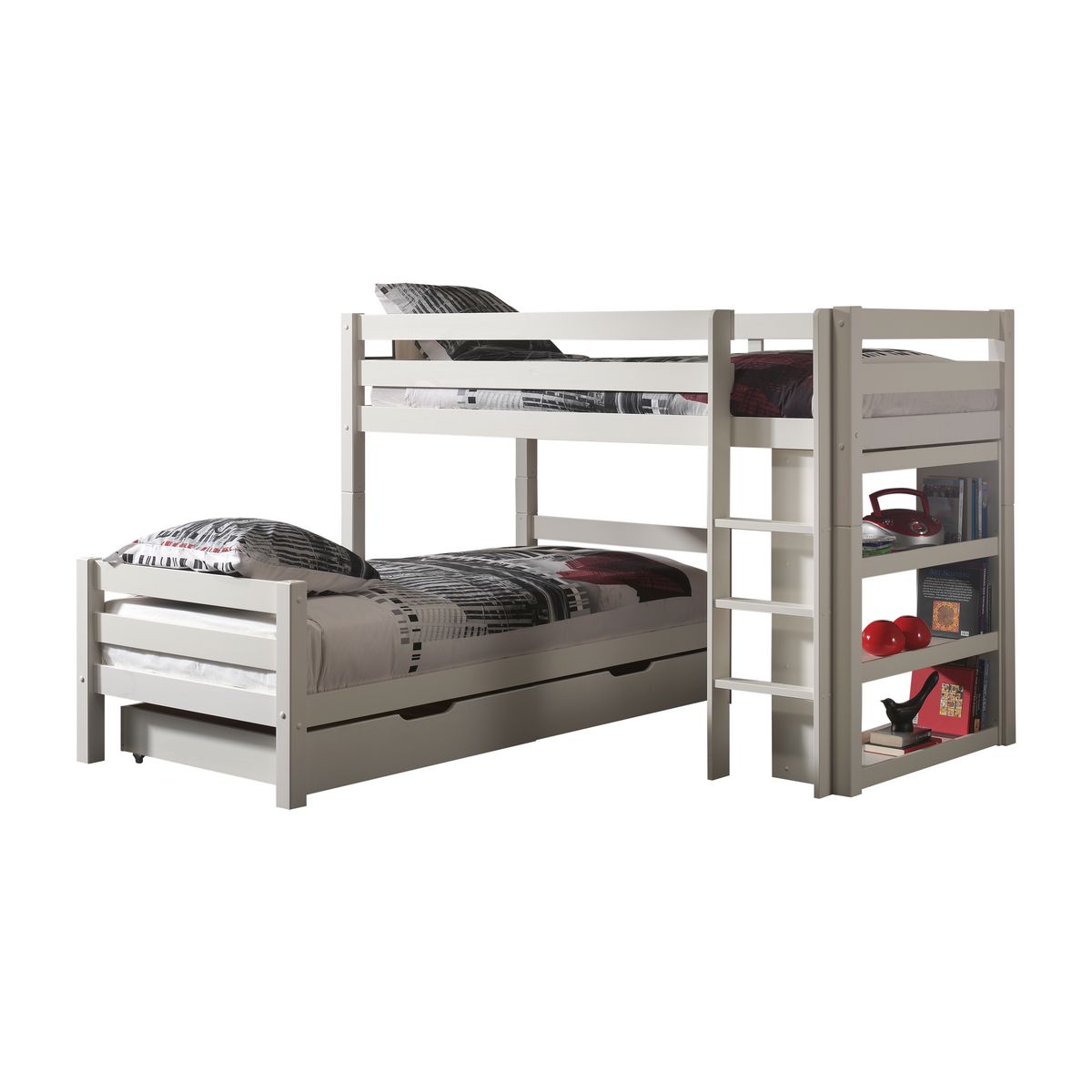 Lit superposé d'angle WOODY+2 tiroirs, pin massif