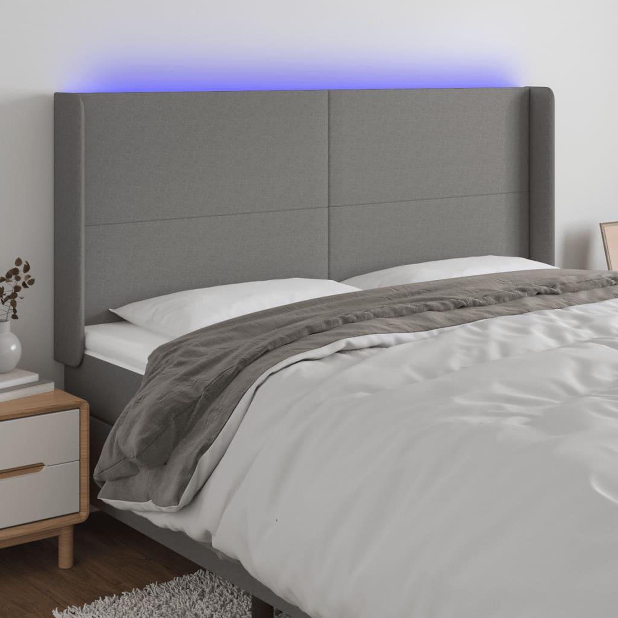 Voir la diapositive 1 : VIDAXL Tete de lit a LED Gris fonce 163x16x118/128 cm Tissu