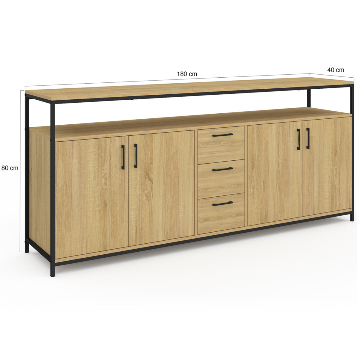 ID MARKET Buffet 180 cm DETROIT XXL 4 portes et tiroirs design industriel