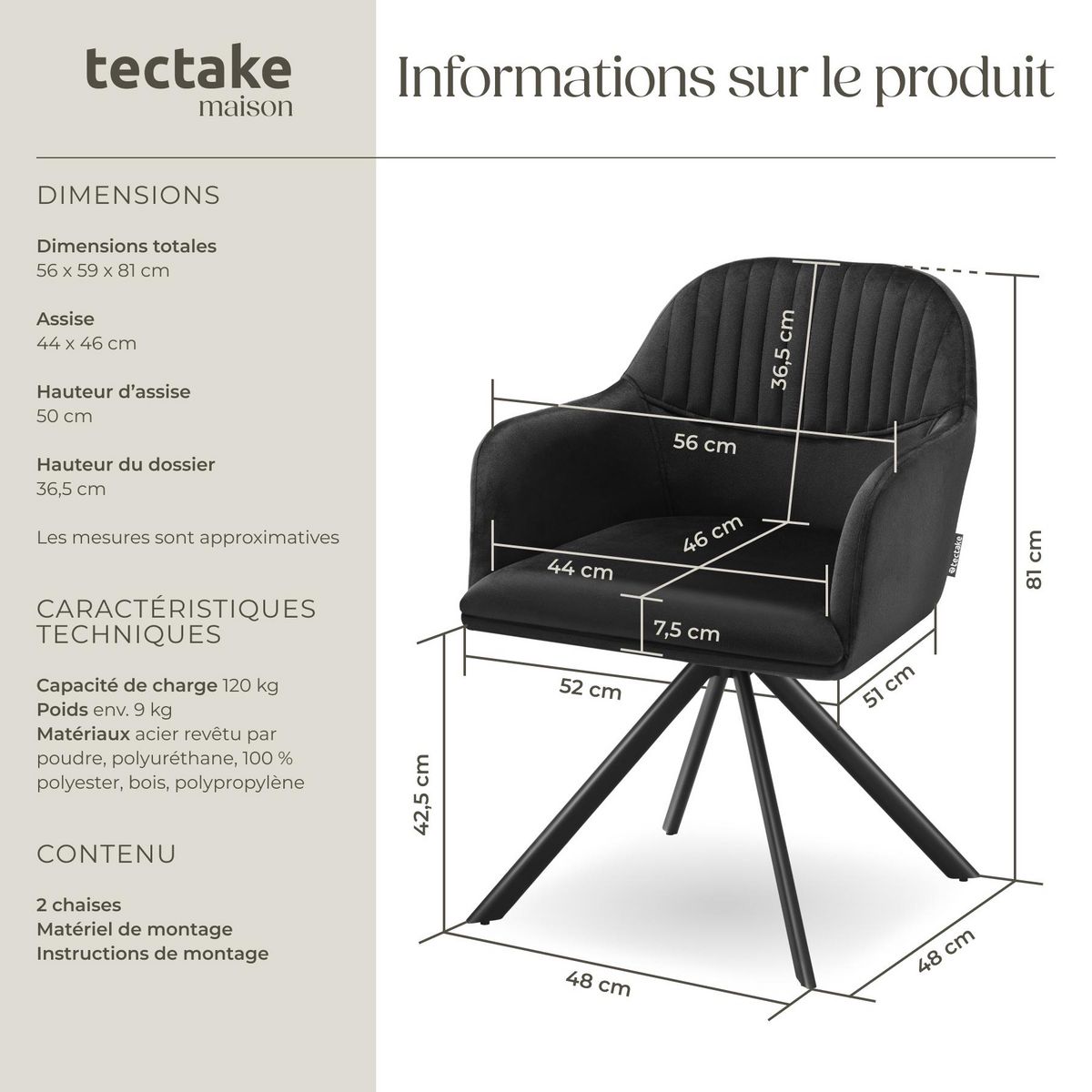 tectake Chaise pivotante en velours rembourrée noir/noir Lot de 2