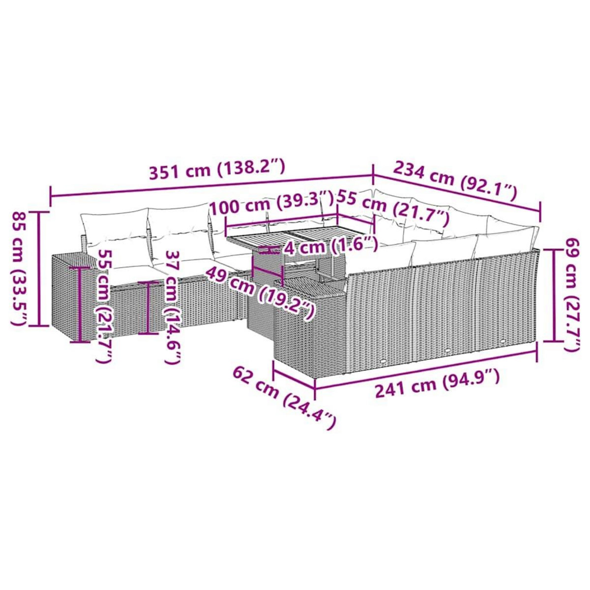 VIDAXL Salon de jardin avec coussins 10pcs beige resine tressee acacia