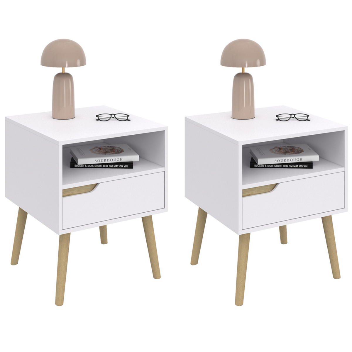 ID MARKET Lot de 2 tables de chevet HELSINKI scandinaves 1 tiroir avec niche blanc
