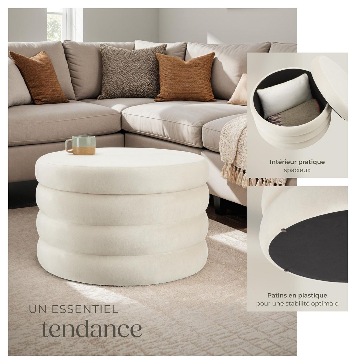 tectake Tabouret avec espace de rangement rond Aspect velours crème/ blanc