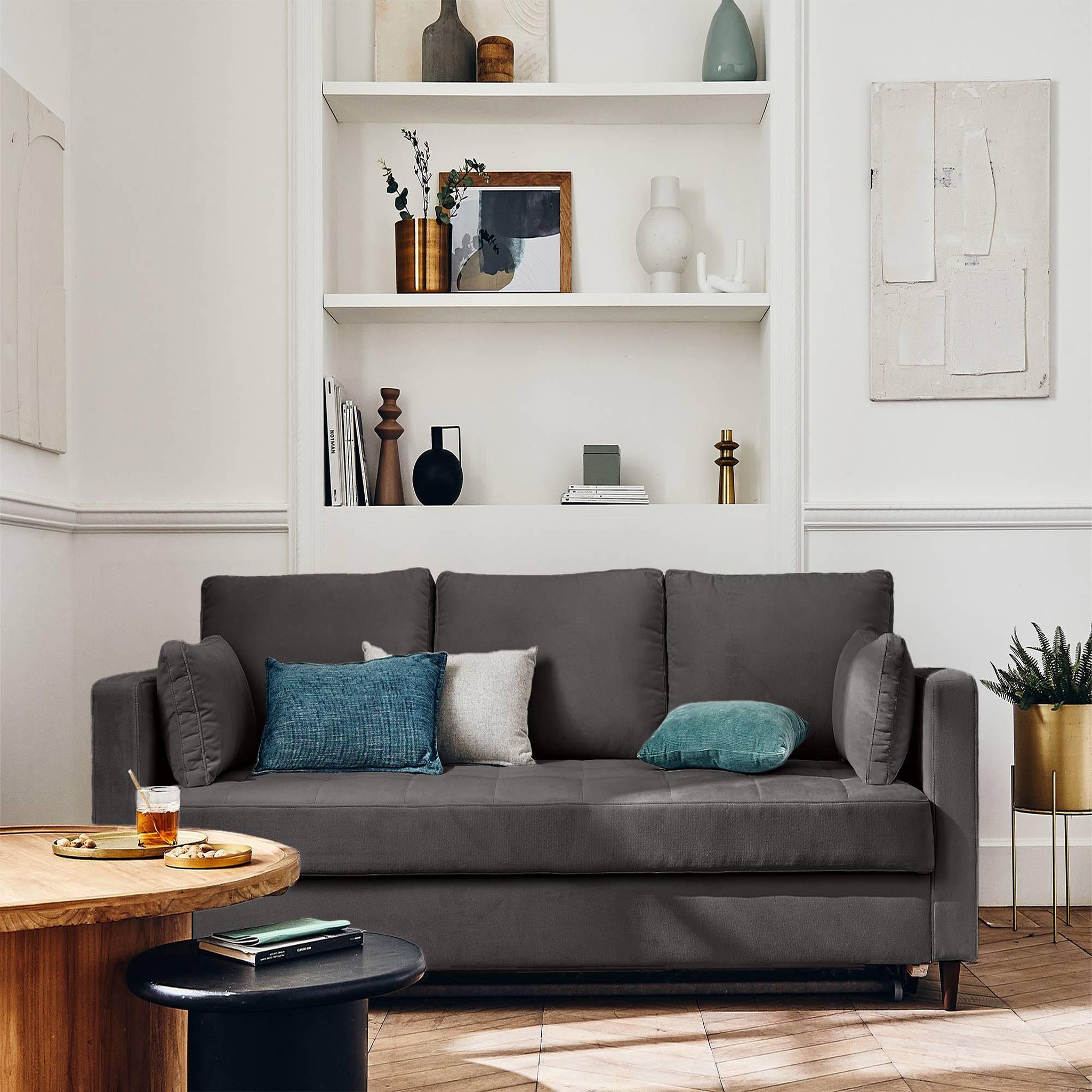 Voir la diapositive 4 : BEST MOBILIER Anna - canapé droit 3 places convertible avec poche en velours