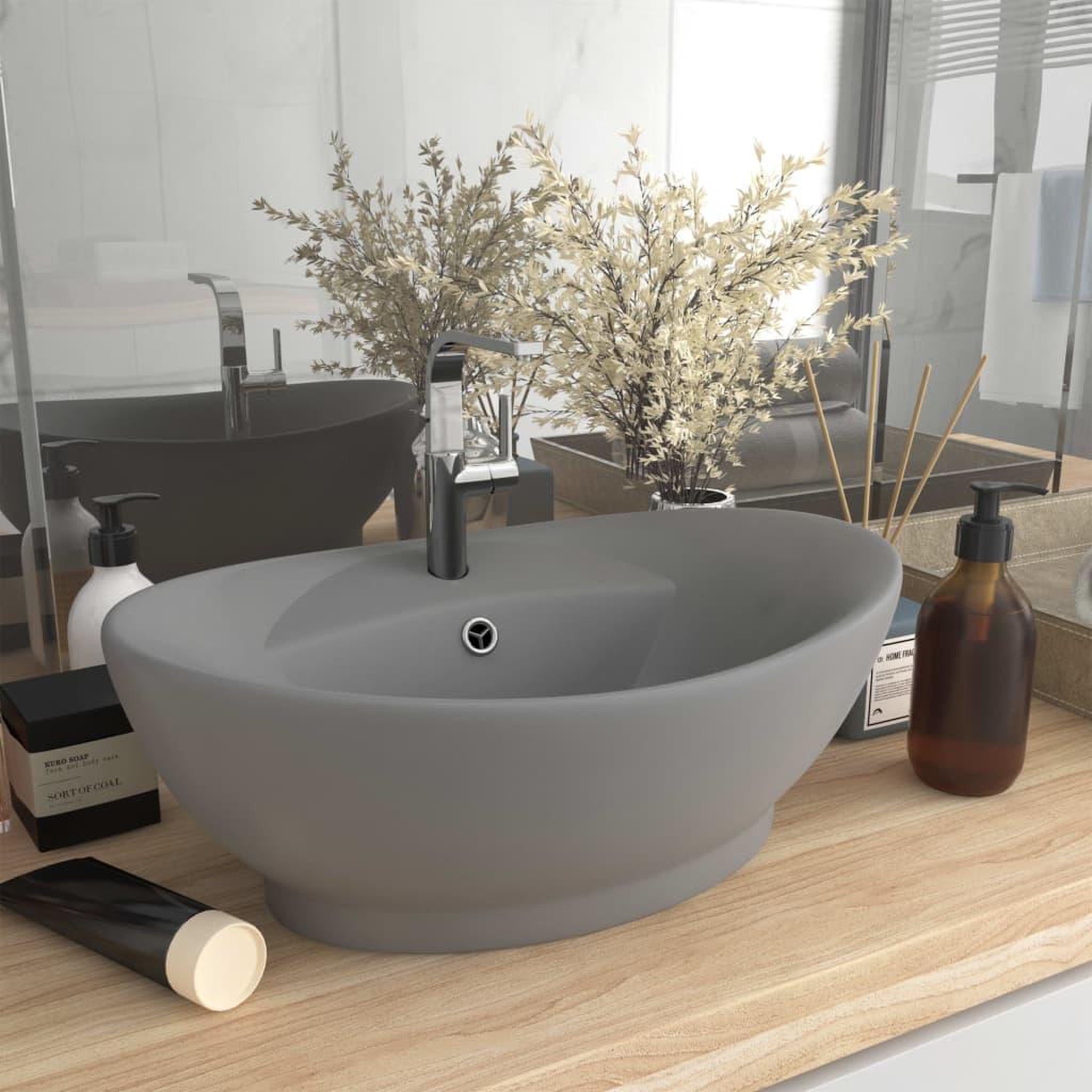 Voir la diapositive 1 : VIDAXL Lavabo ovale a trop-plein Gris clair mat 58,5x39 cm Ceramique