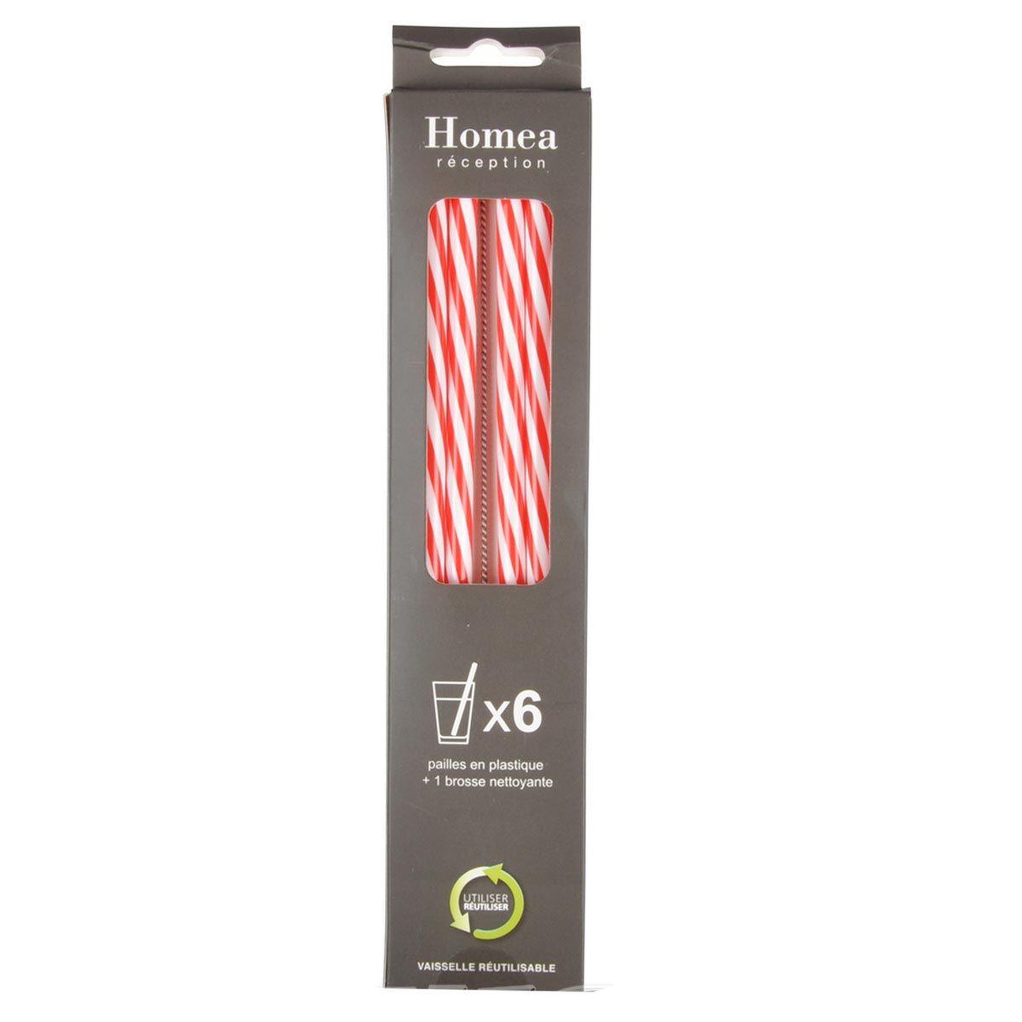 Voir la diapositive 2 : HOMEA Lot de 6 pailles & brosse  réutilisables  23cm rouge