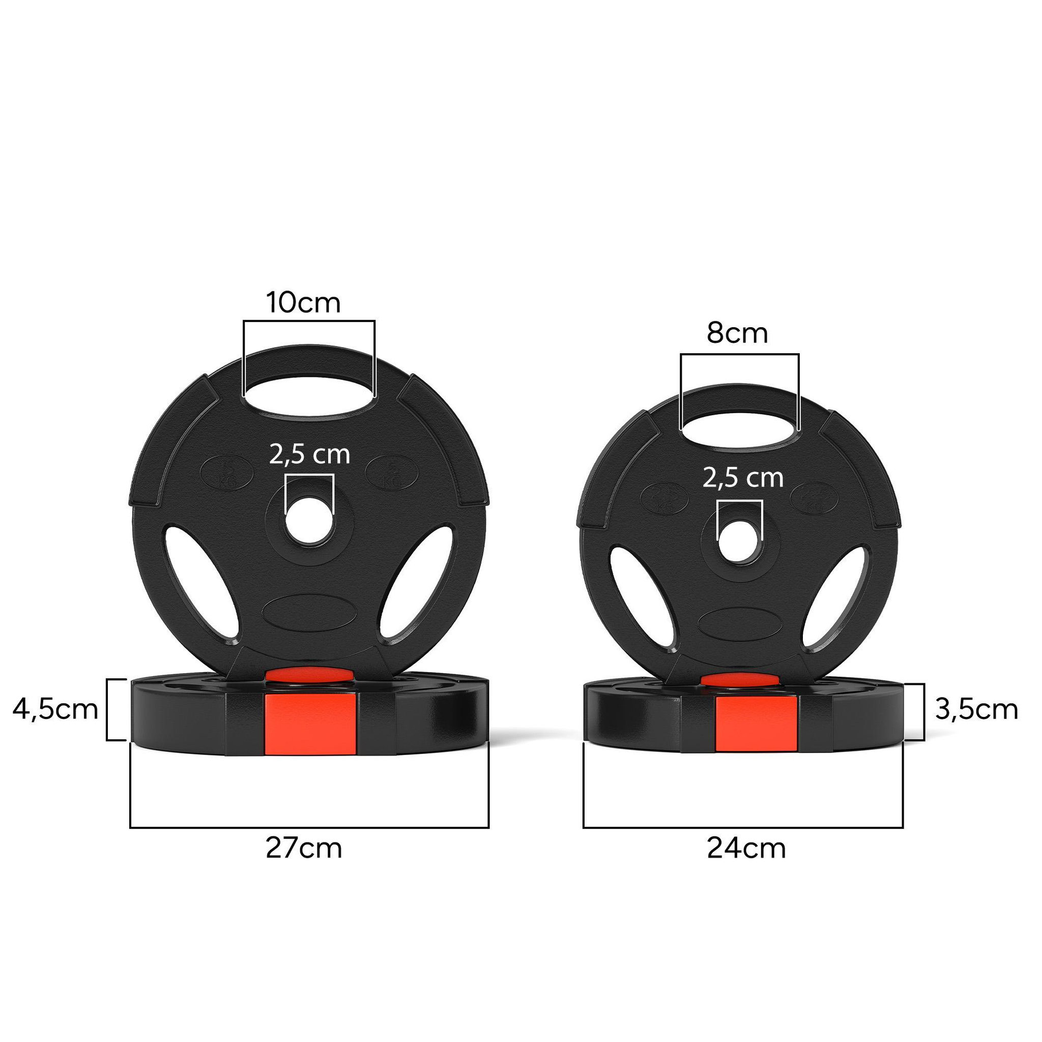 Voir la diapositive 3 : HOMCOM Disques de poids 2 x 5kg + 2 x 2,5kg - 3 poignées - trous de ø25 mm - revêtement pp noir