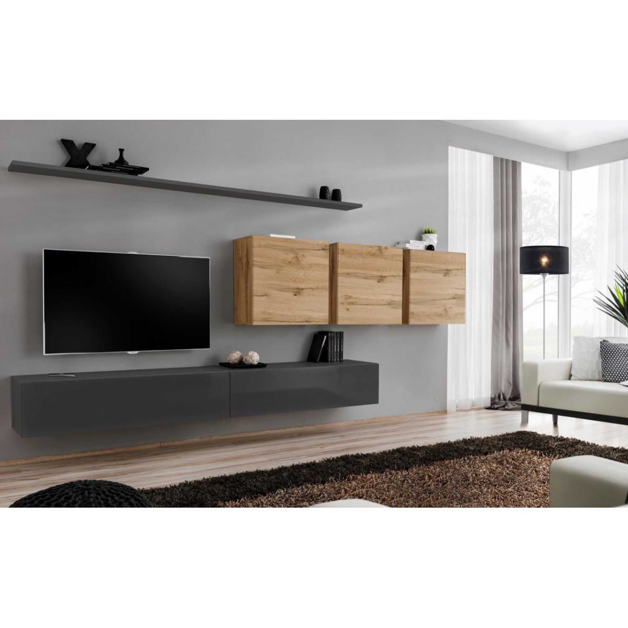 Voir la diapositive 2 : Paris Prix Meuble TV Mural Design  Switch VII  340cm Gris & Naturel