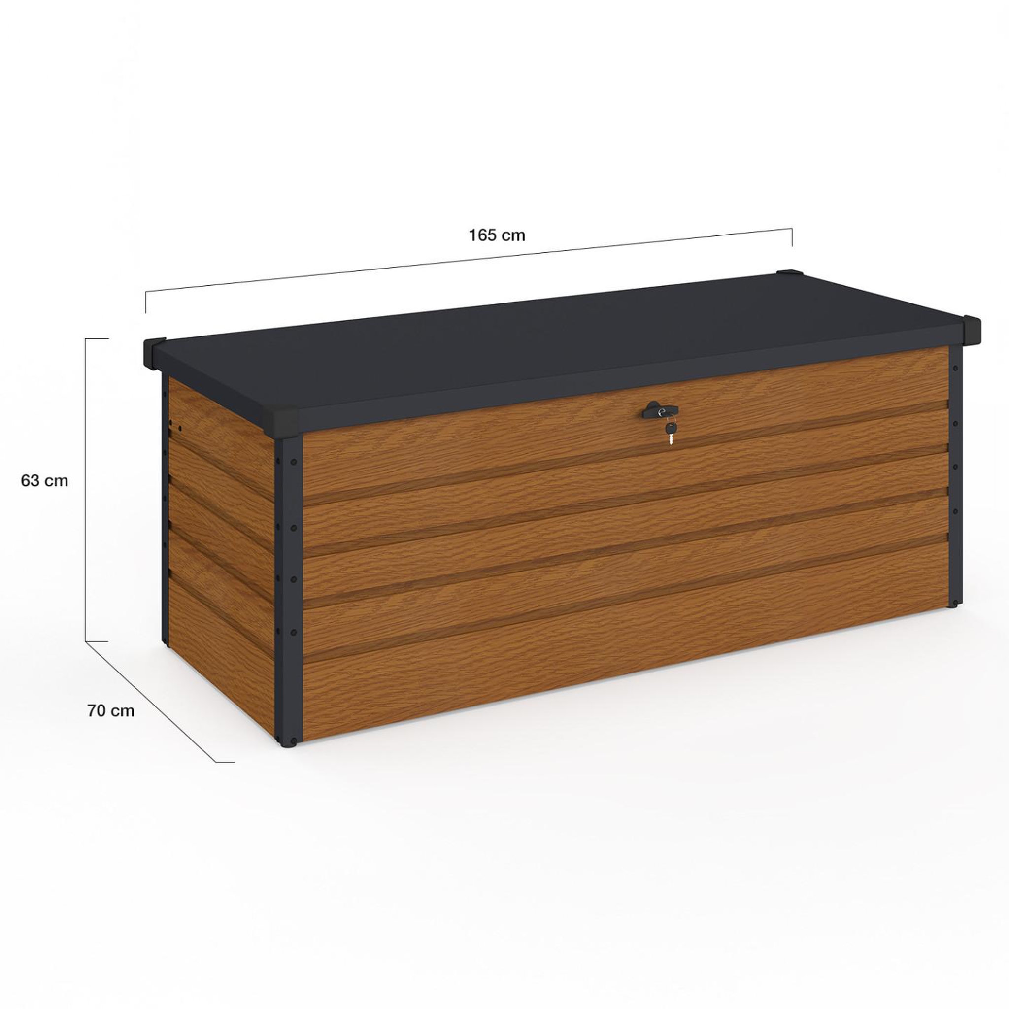 Voir la diapositive 4 : ID MARKET Coffre de rangement métal verrouillable effet bois et gris pour jardin 600l 165x70x63 cm